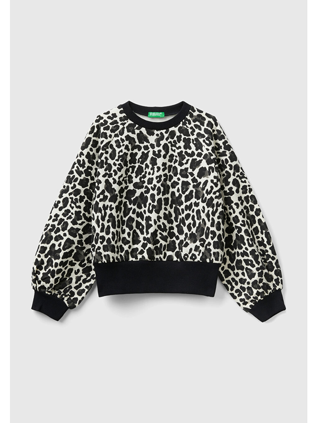 Kız Çocuk Siyah Beyaz Leopar Desenli Balon Kollu Crop Sweatshirt