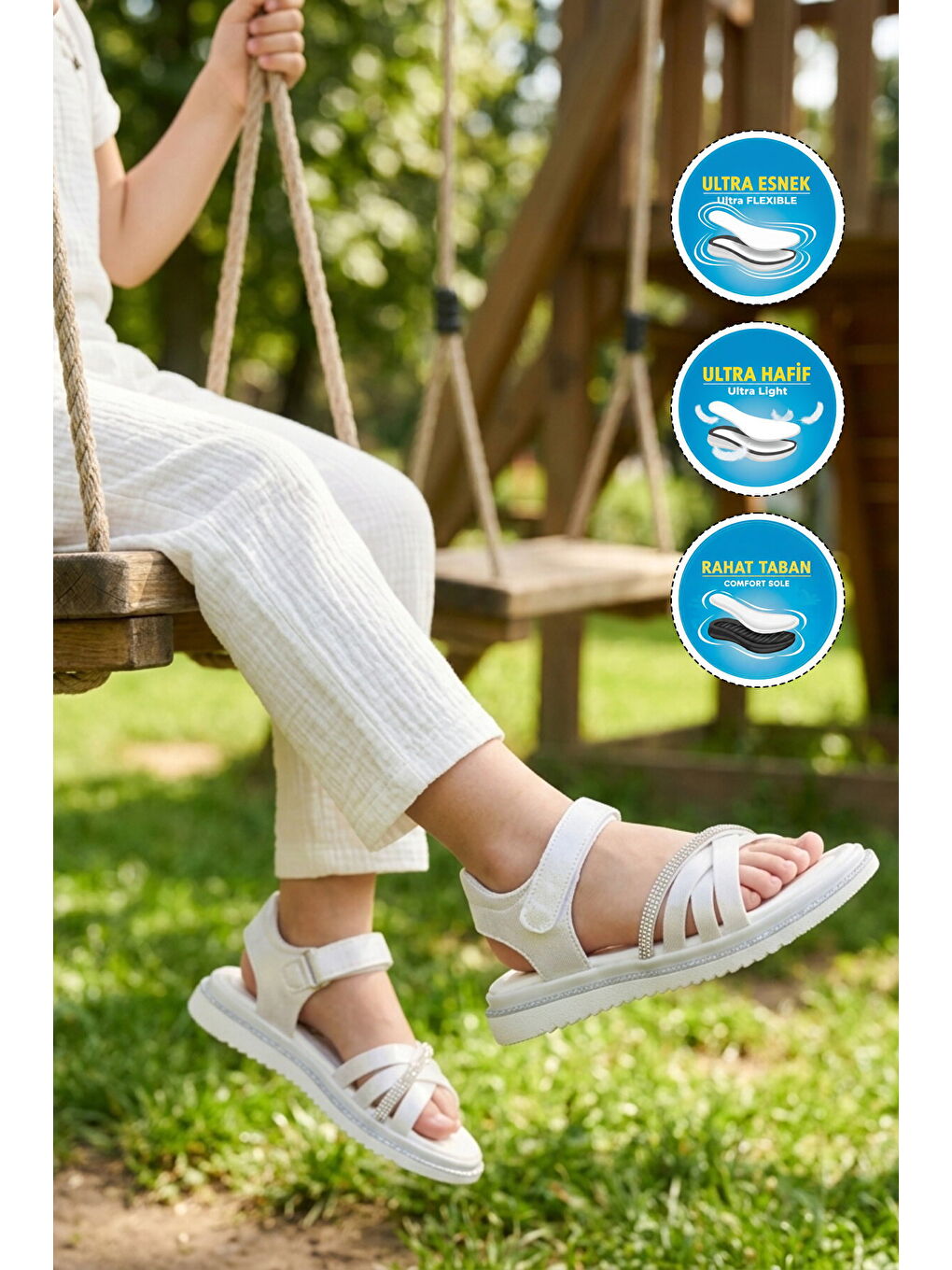 Beyaz Yumuşak Taban Hafif Cırtlı Kız Çocuk Sandalet Maya F-2