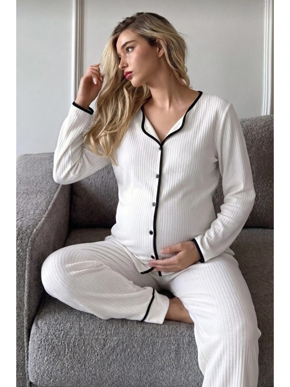 Beyaz Elisa Soft Elegance Yumoş Düğmeli Ayarlanabilir Bel Lohusa Pijama Takımı