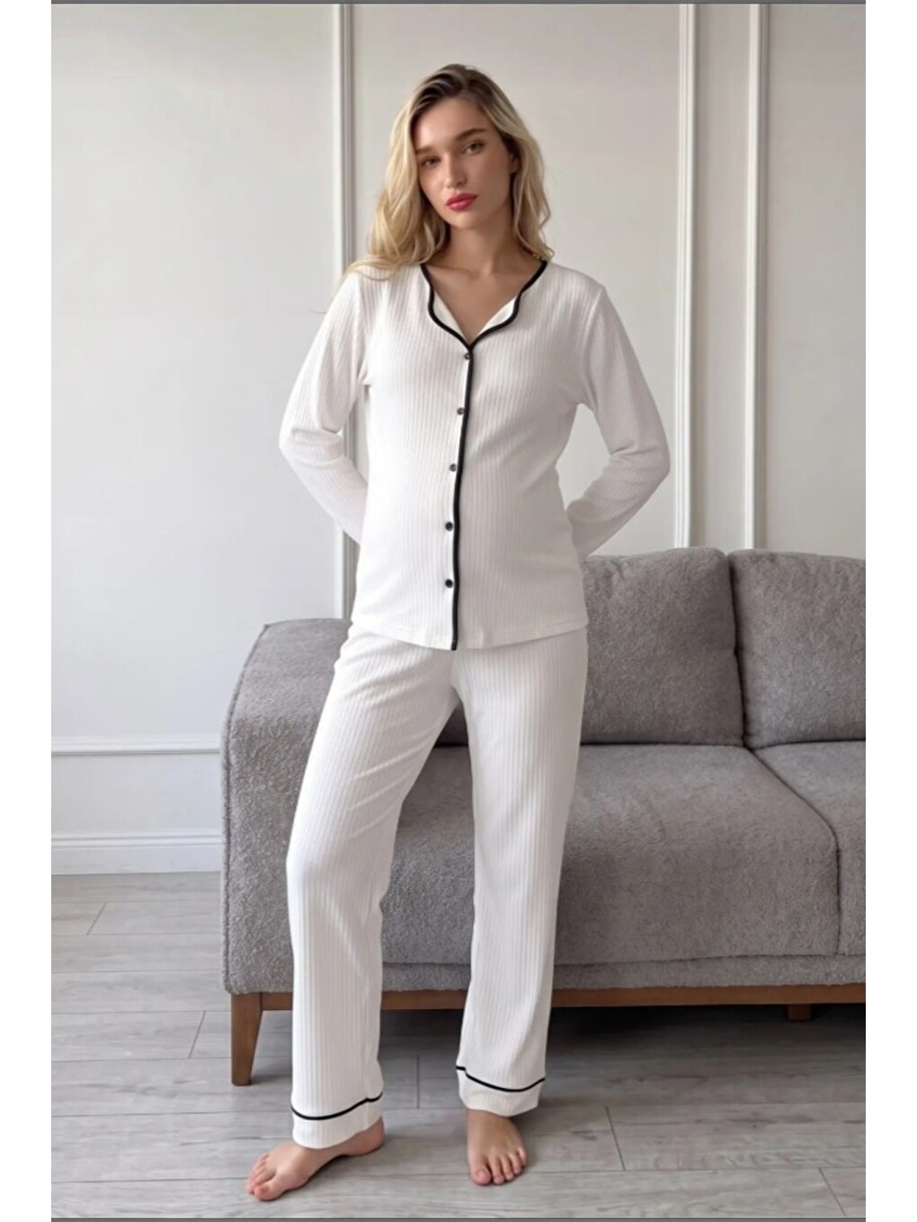Beyaz Elisa Soft Elegance Yumoş Düğmeli Ayarlanabilir Bel Lohusa Pijama Takımı-1