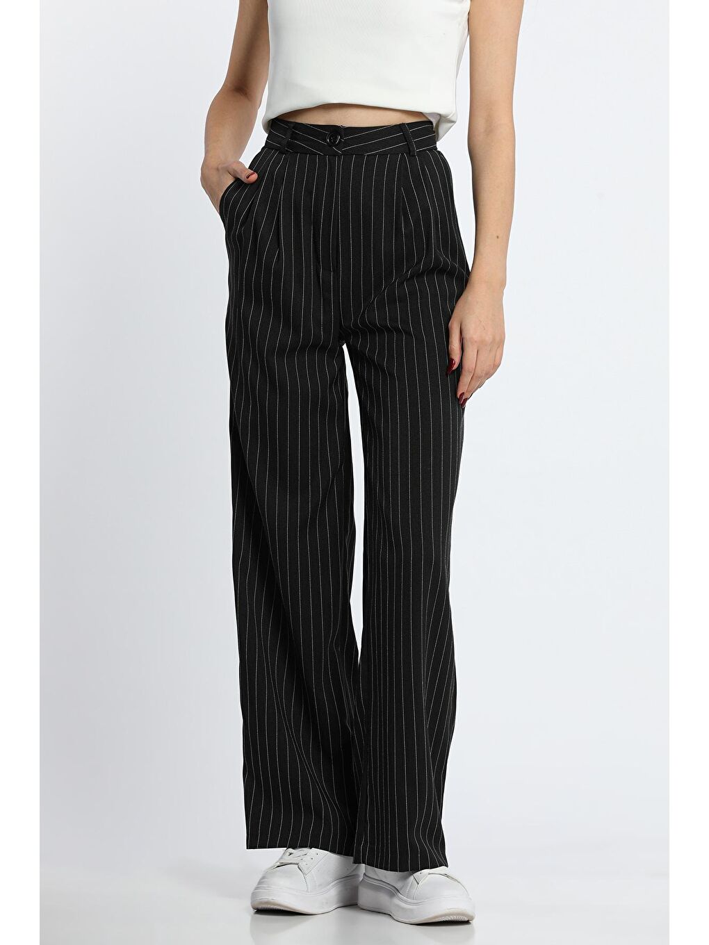 Siyah Kadın Çizgili Palazzo Tarz Pantolon