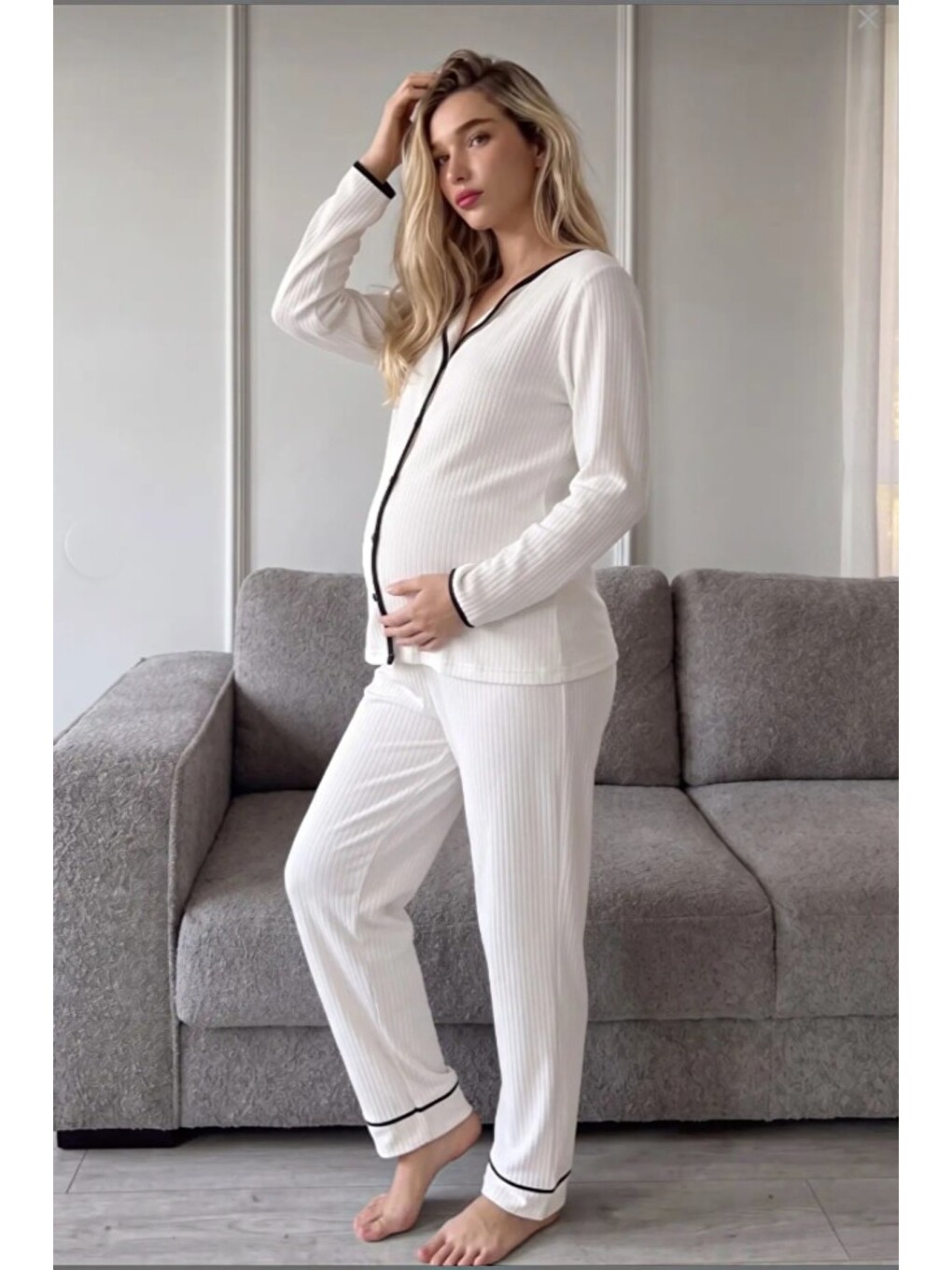 Beyaz Elisa Soft Elegance Yumoş Düğmeli Ayarlanabilir Bel Lohusa Pijama Takımı-2