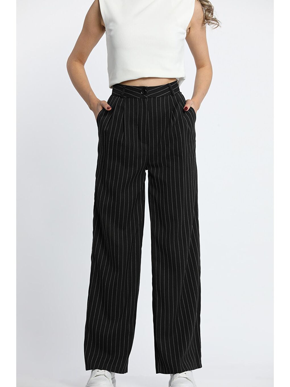 Siyah Kadın Çizgili Palazzo Tarz Pantolon-1