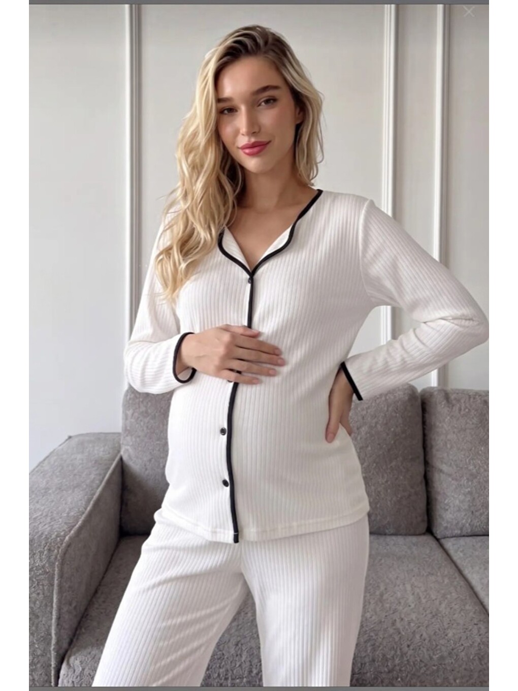 Beyaz Elisa Soft Elegance Yumoş Düğmeli Ayarlanabilir Bel Lohusa Pijama Takımı-3