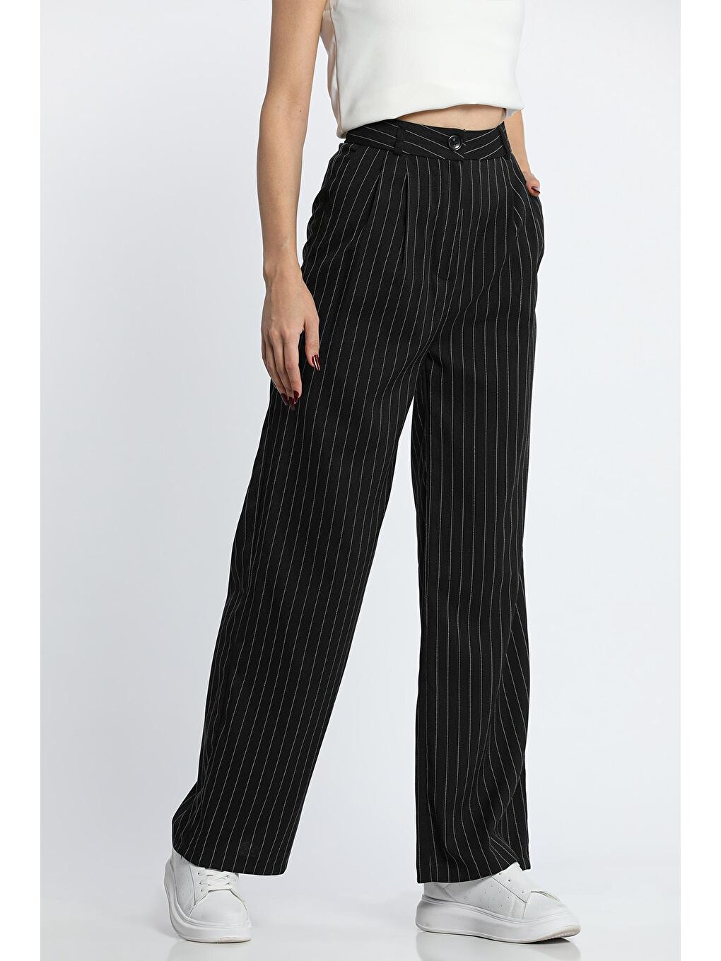 Siyah Kadın Çizgili Palazzo Tarz Pantolon-2