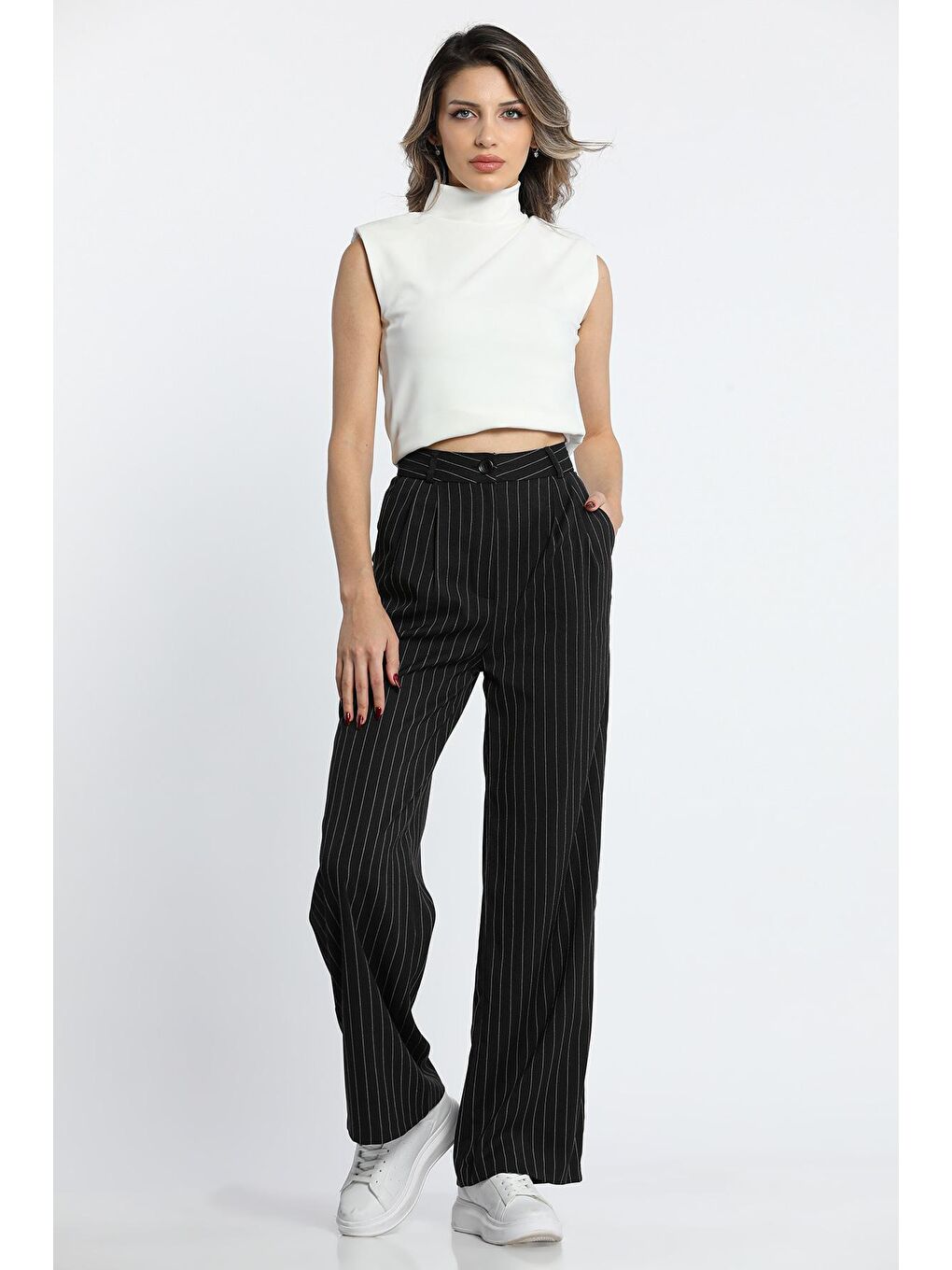 Siyah Kadın Çizgili Palazzo Tarz Pantolon-3