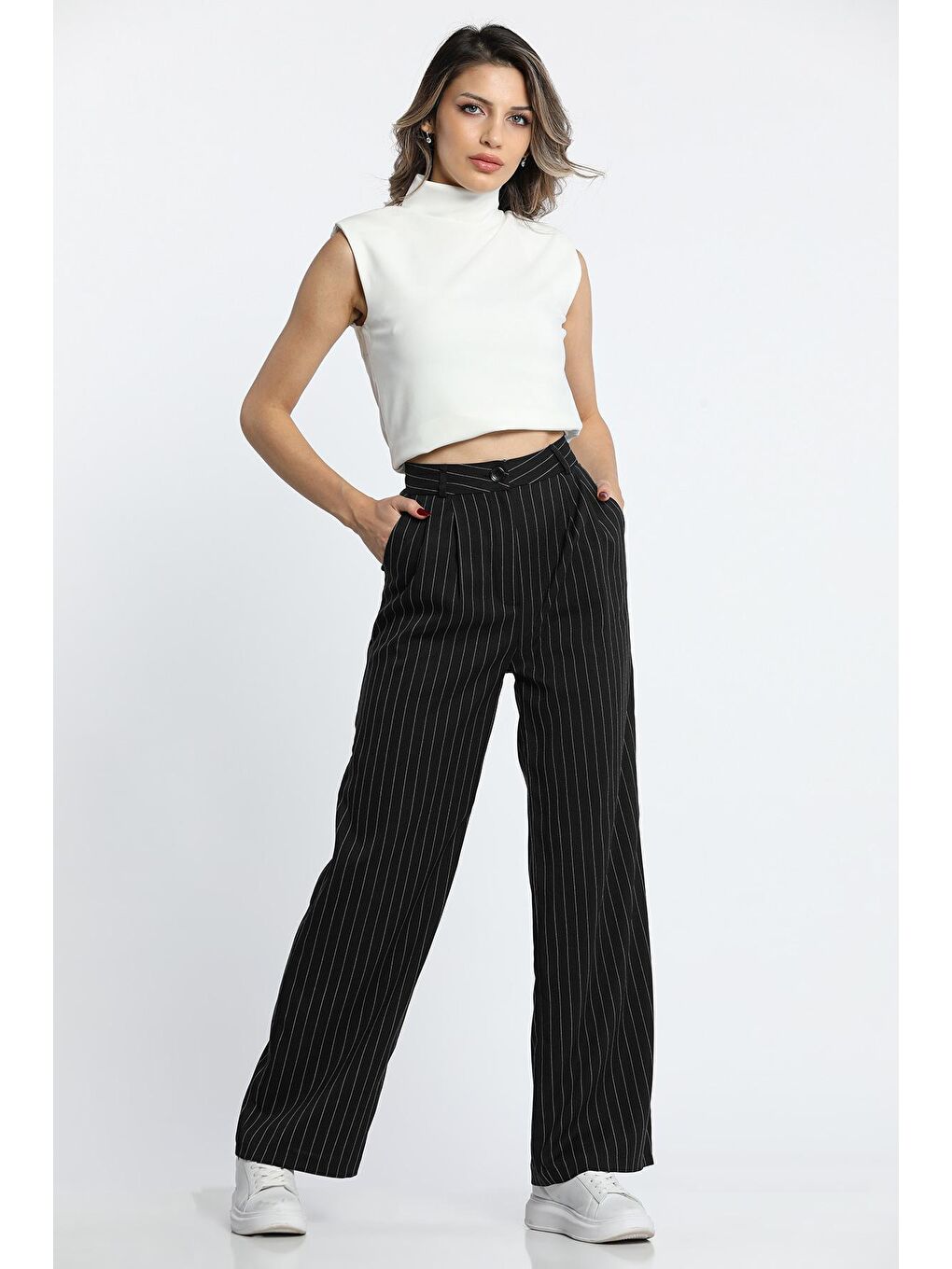 Siyah Kadın Çizgili Palazzo Tarz Pantolon-4