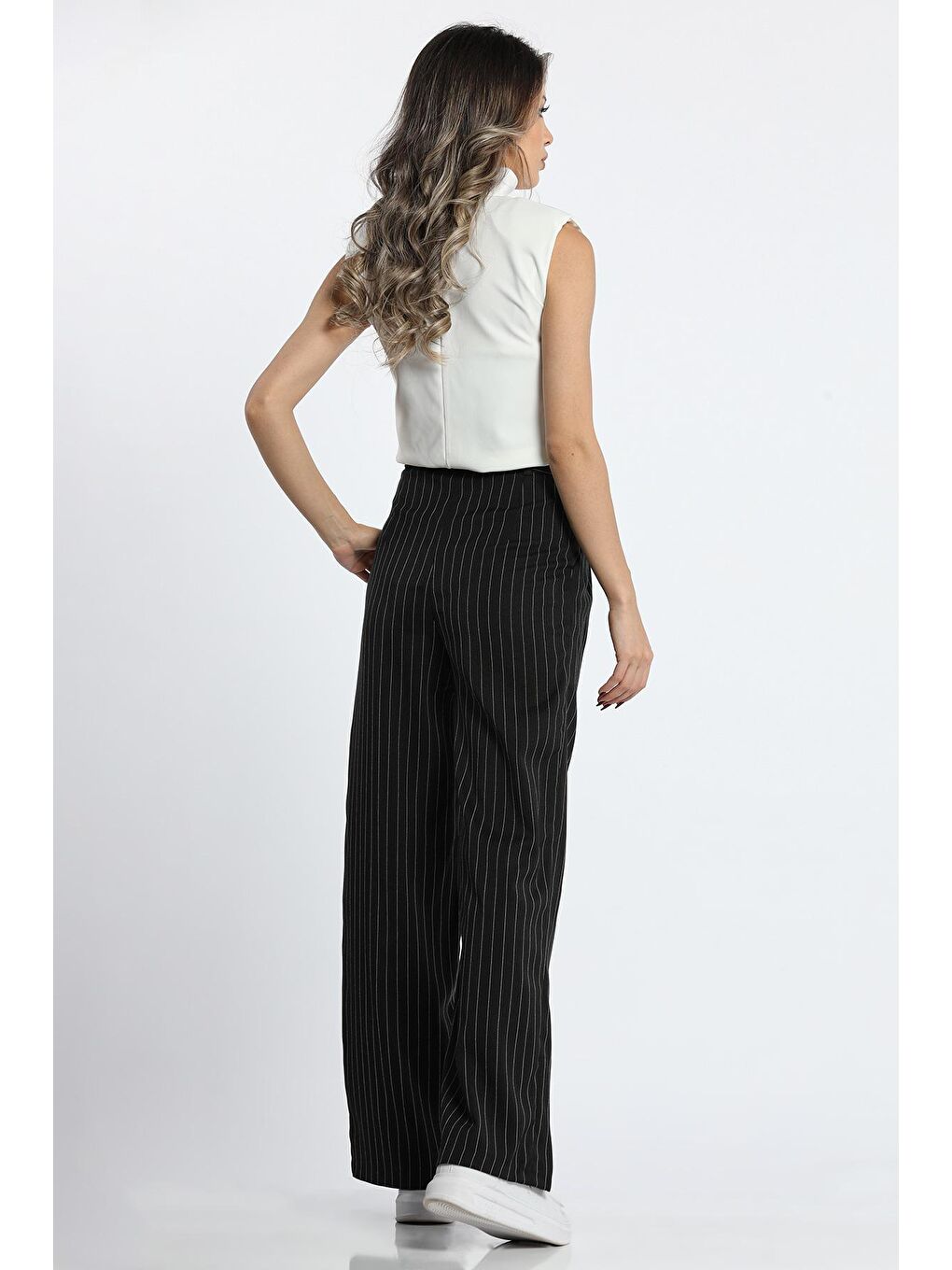 Siyah Kadın Çizgili Palazzo Tarz Pantolon-5