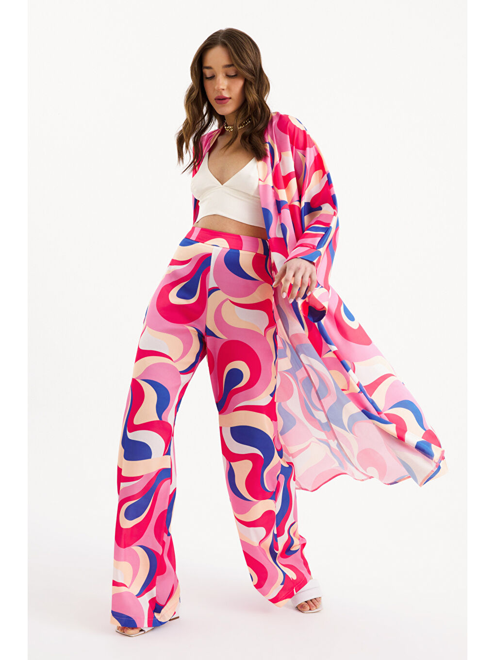 Desenli Salaş Pantolon - Mercan-1