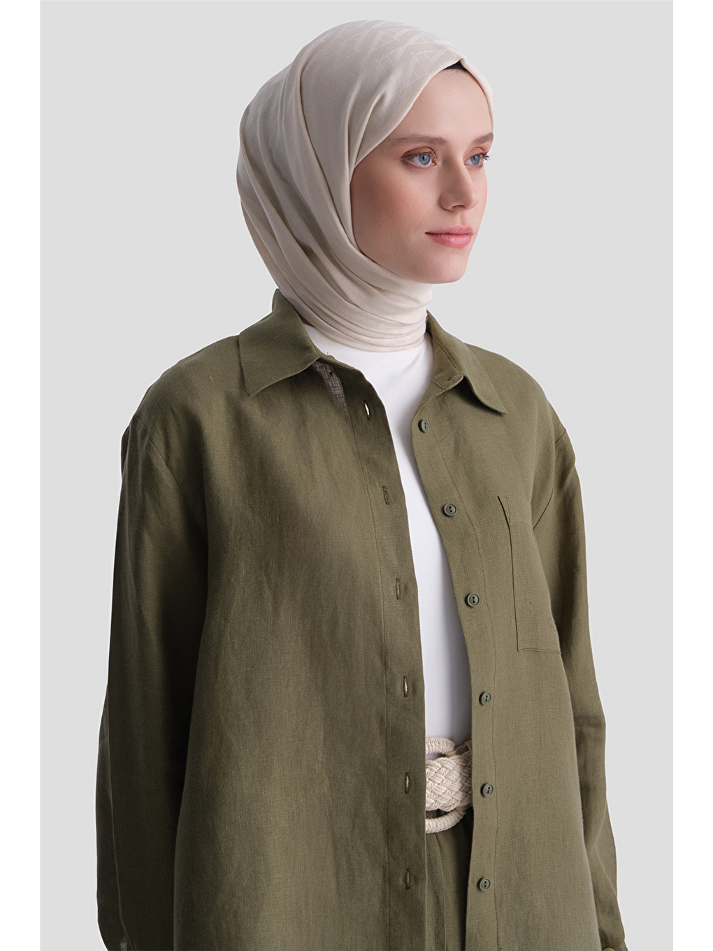 Keten Oversize Tunik Haki-2