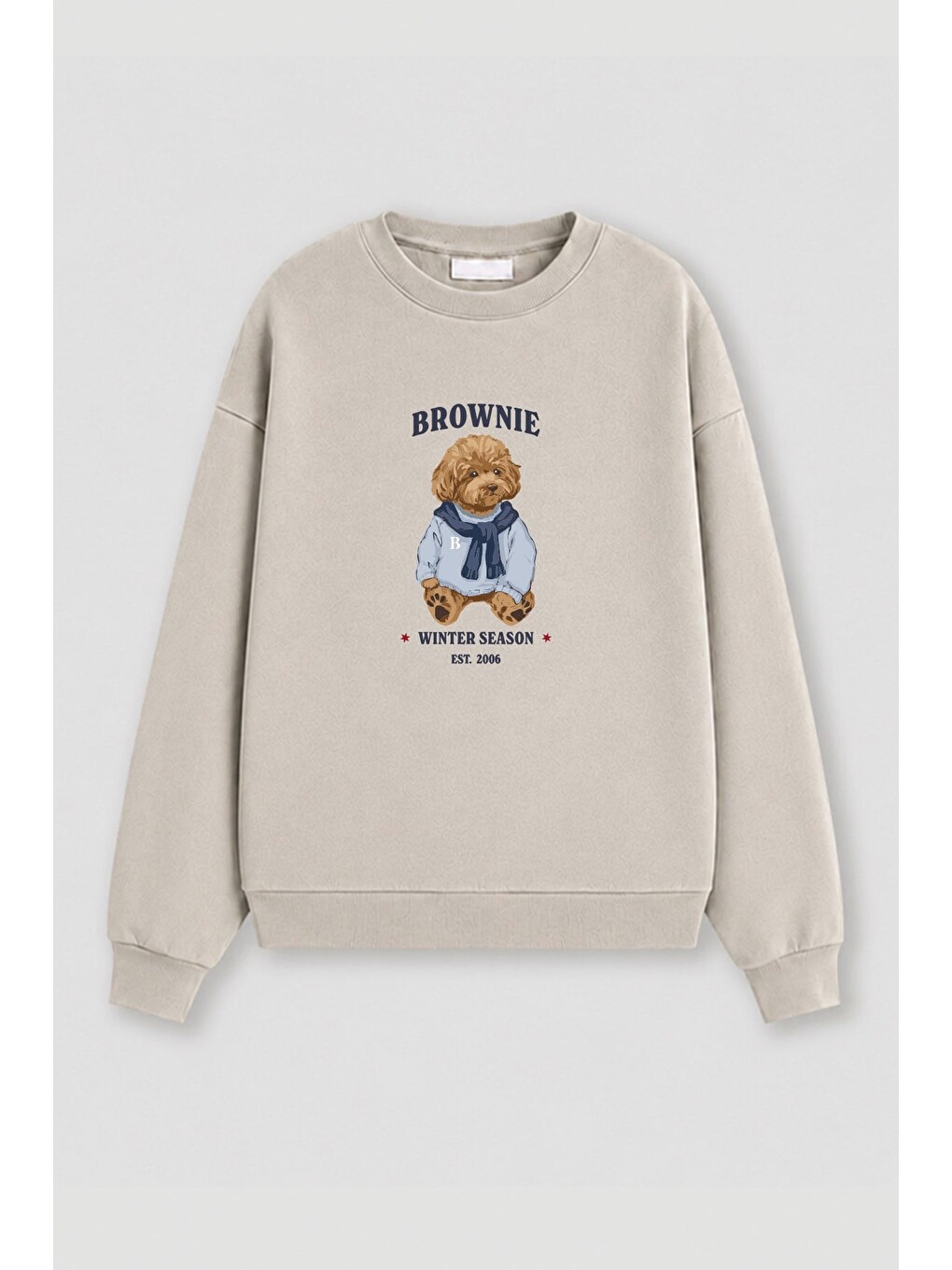 Bej Kadın Premium Kumaş 3 İplik Şardonlu Ayıcık Baskılı Sweatshirt-1