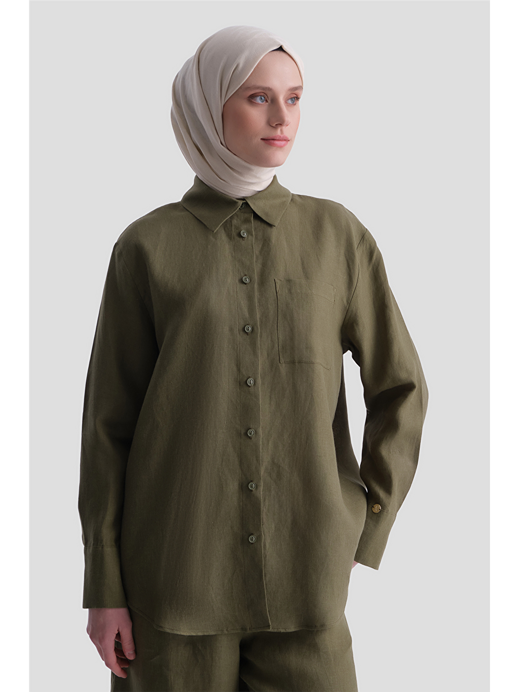 Keten Oversize Tunik Haki-3