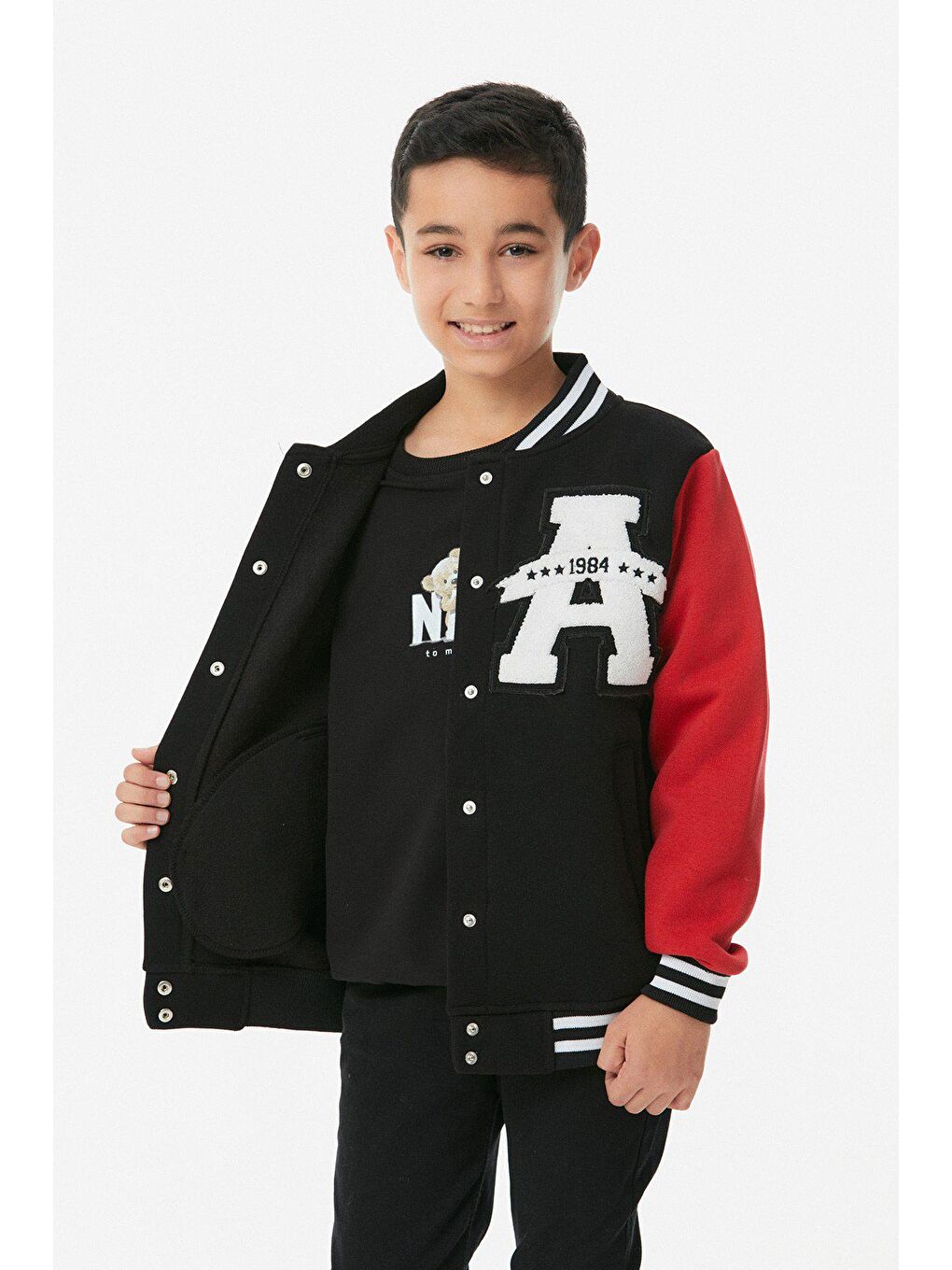 Siyah Nakışlı Çıtçıtlı Dik Yaka Unisex Kolej Ceket-1