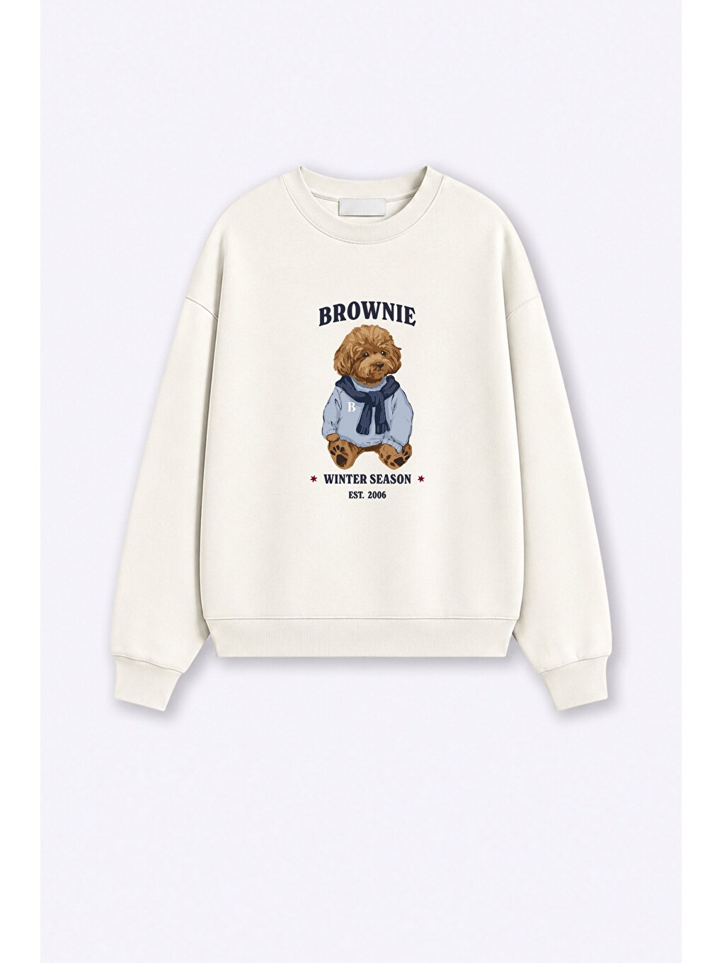 Ekru Kadın Premium Kumaş 3 İplik Şardonlu Ayıcık Baskılı Sweatshirt