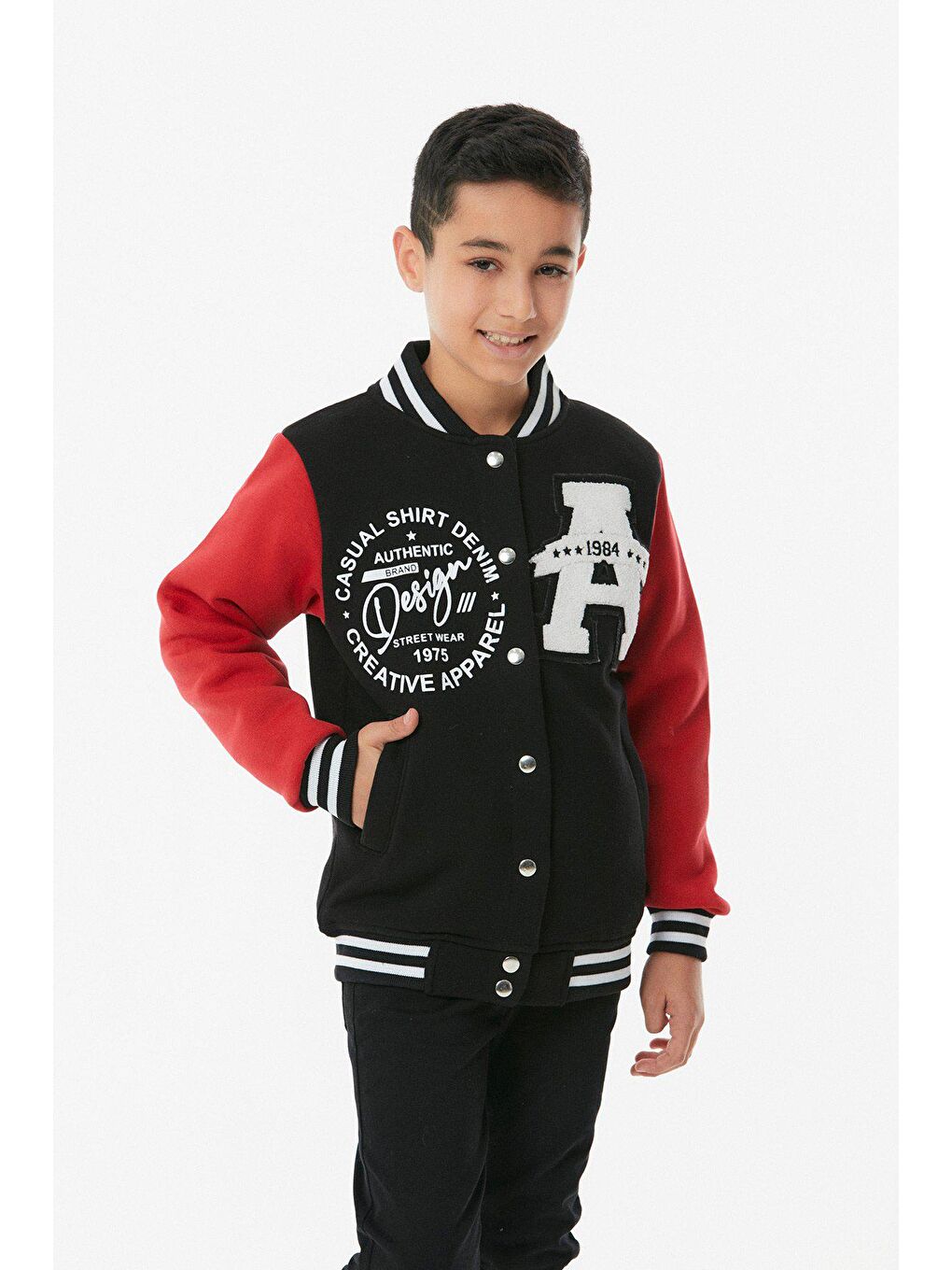 Siyah Nakışlı Çıtçıtlı Dik Yaka Unisex Kolej Ceket-2