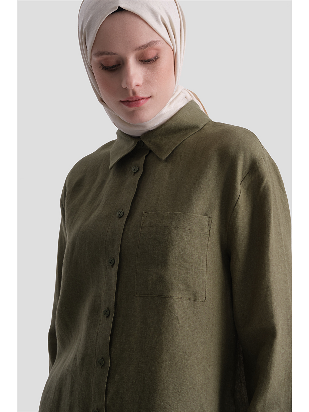 Keten Oversize Tunik Haki-4