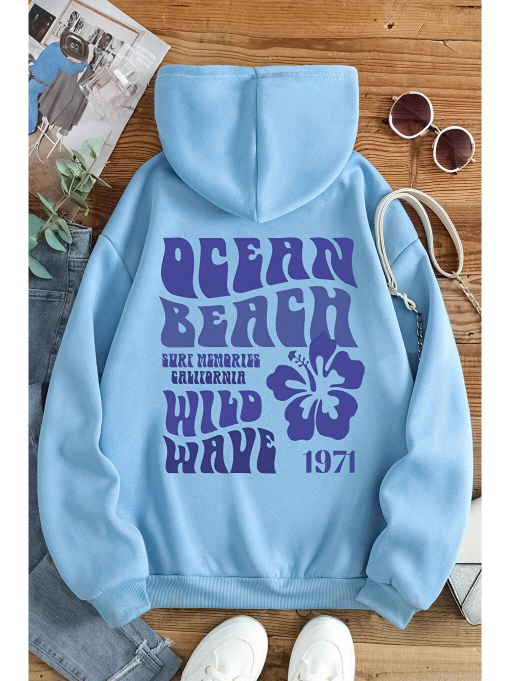 uyguntarz Bebek Mavisi Ocean Beach Baskılı Oversize Sweatshirt - 1