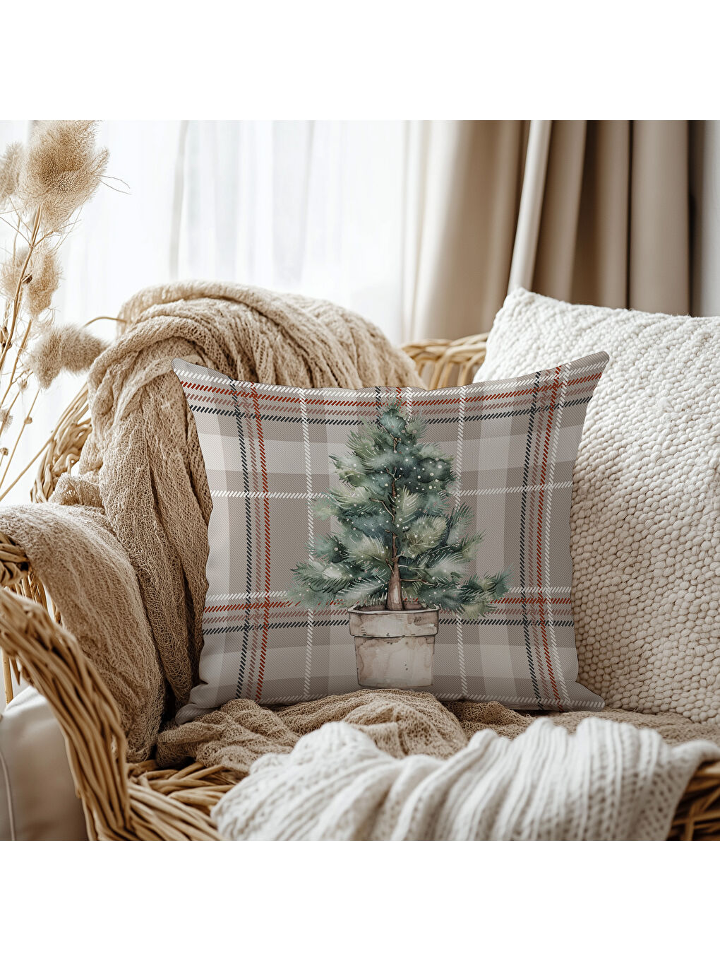 Bej Çam Ağacı ve Ekose Desenli Dijital Baskılı Süet Kırlent Kılıfı - 43x43 cm-1