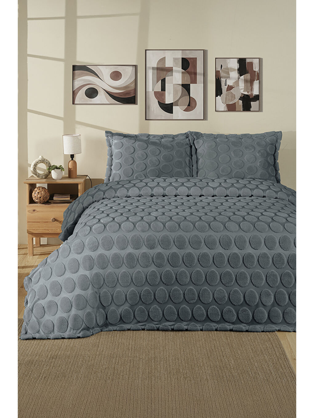 Jakarlı Welsoft Çift Kişilik Yatak Örtüsü Seti 260x240 cm Perle V5 Koyu Gri