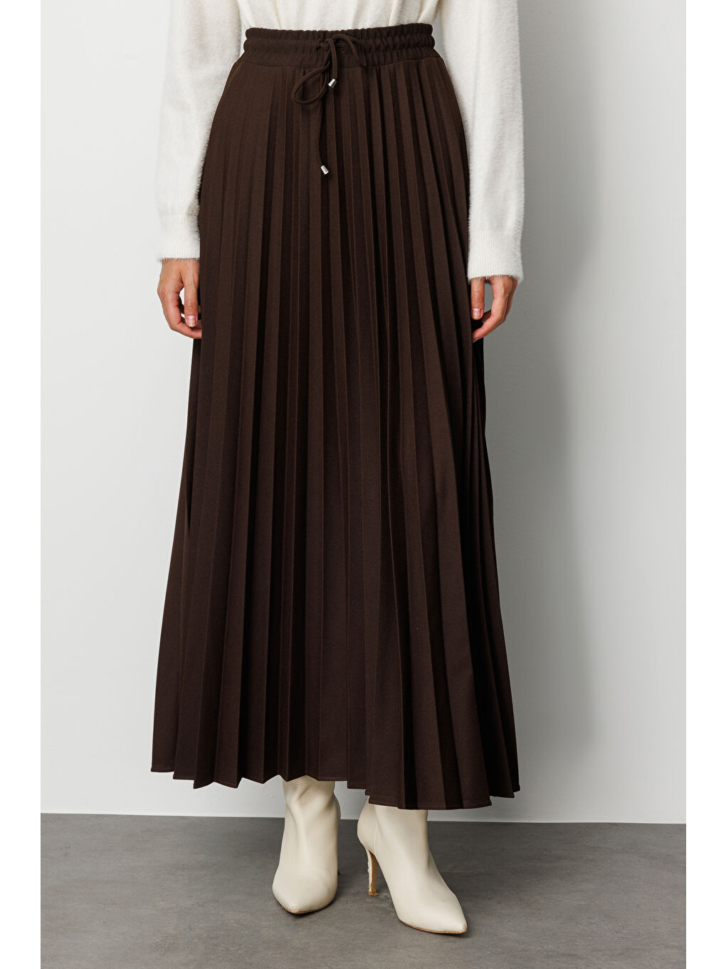 Örme Krep Piliseli Maksi Kahverengi Etek-1