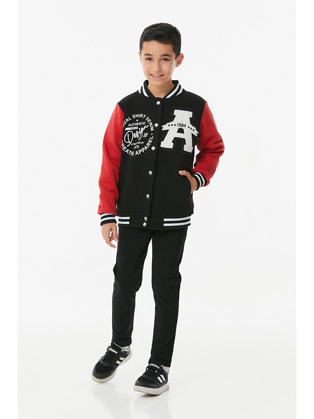 Siyah Nakışlı Çıtçıtlı Dik Yaka Unisex Kolej Ceket-3