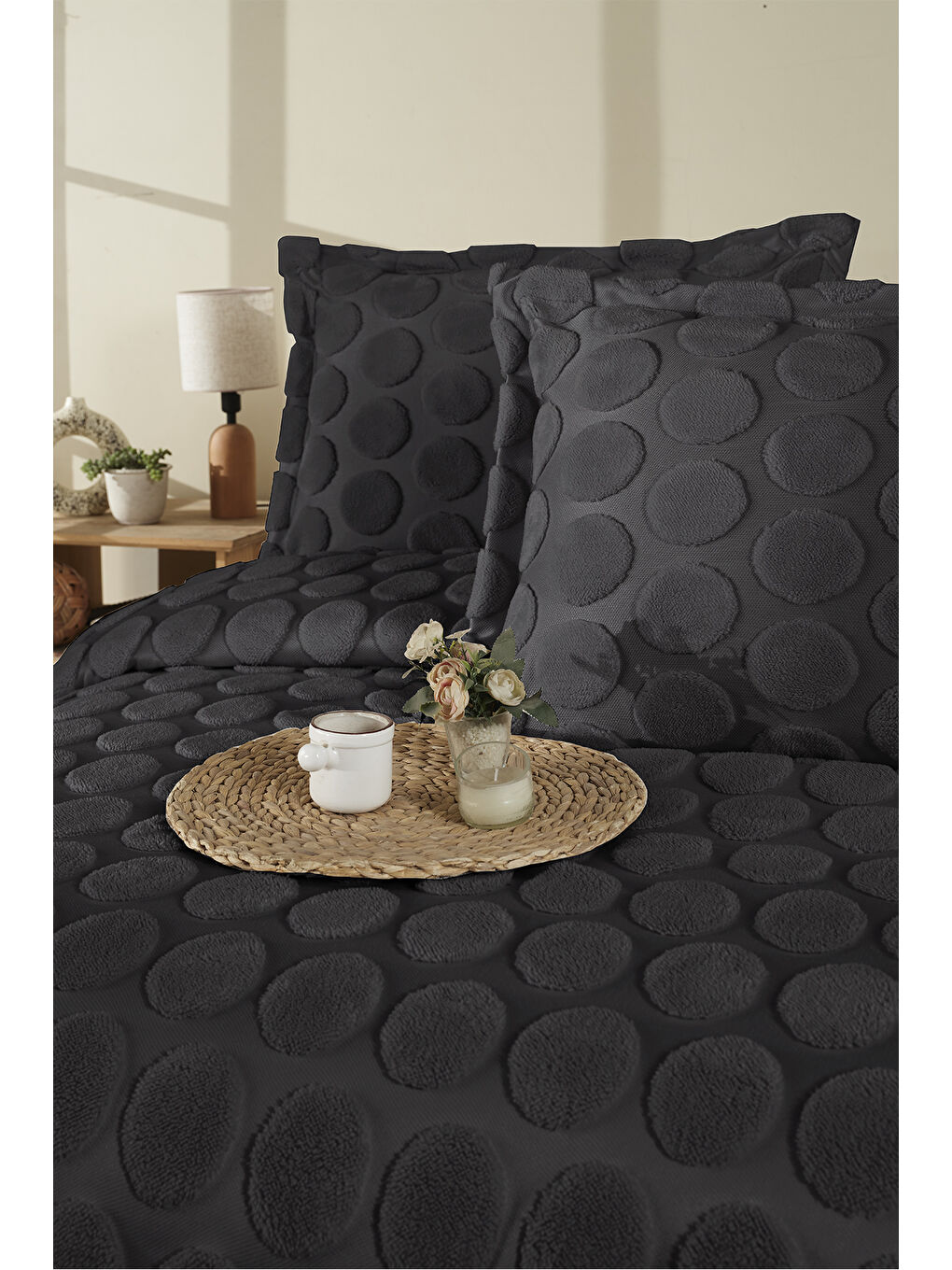 Jakarlı Welsoft Çift Kişilik Yatak Örtüsü Seti 260x240 cm Perle V2 Antrasit-1
