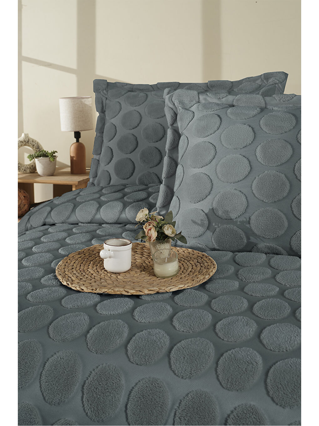 Jakarlı Welsoft Çift Kişilik Yatak Örtüsü Seti 260x240 cm Perle V5 Koyu Gri-1