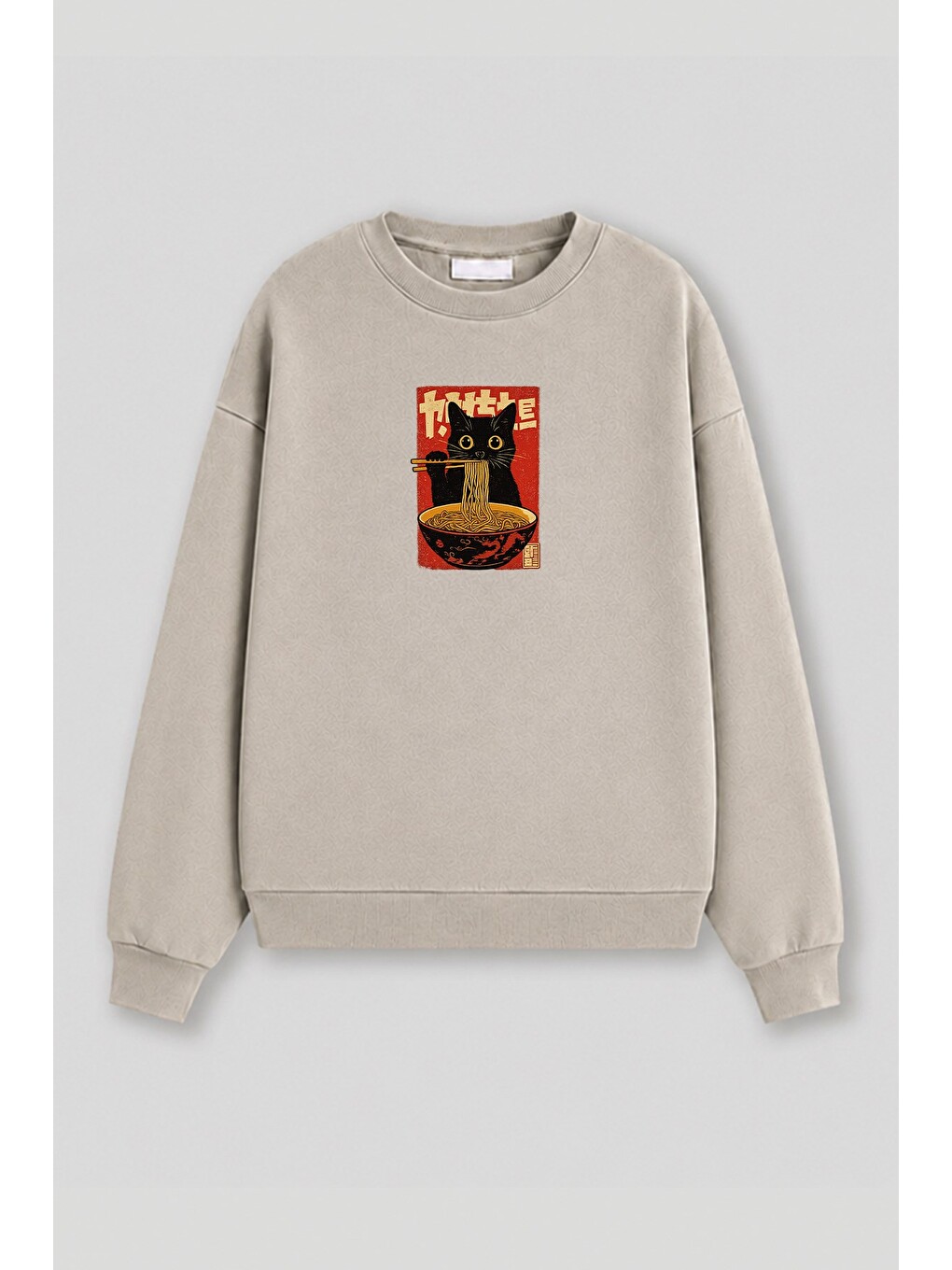 Bej Kadın Premium Kumaş 3 İplik Şardonlu Noodle Baskılı Sweatshirt-1