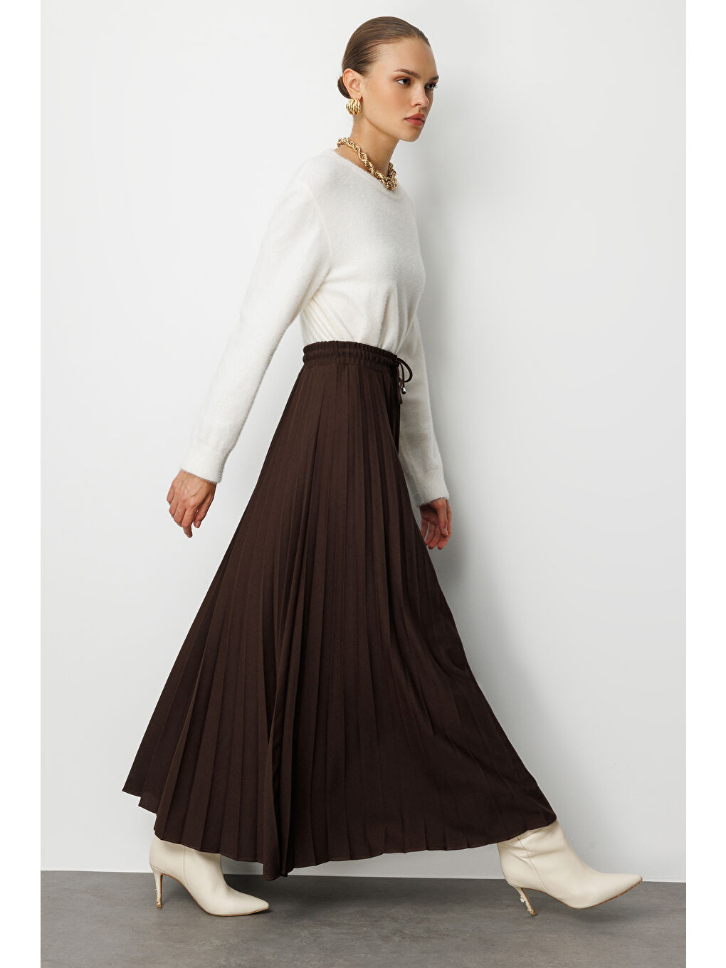 Örme Krep Piliseli Maksi Kahverengi Etek-2