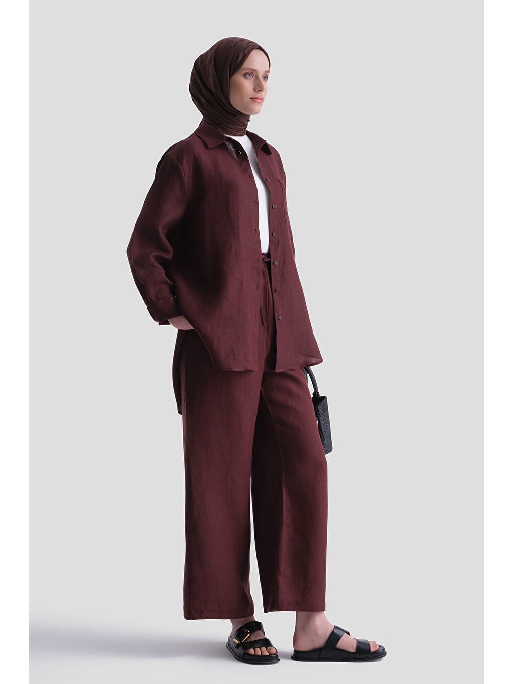 Keten Oversize Tunik Bordo-2