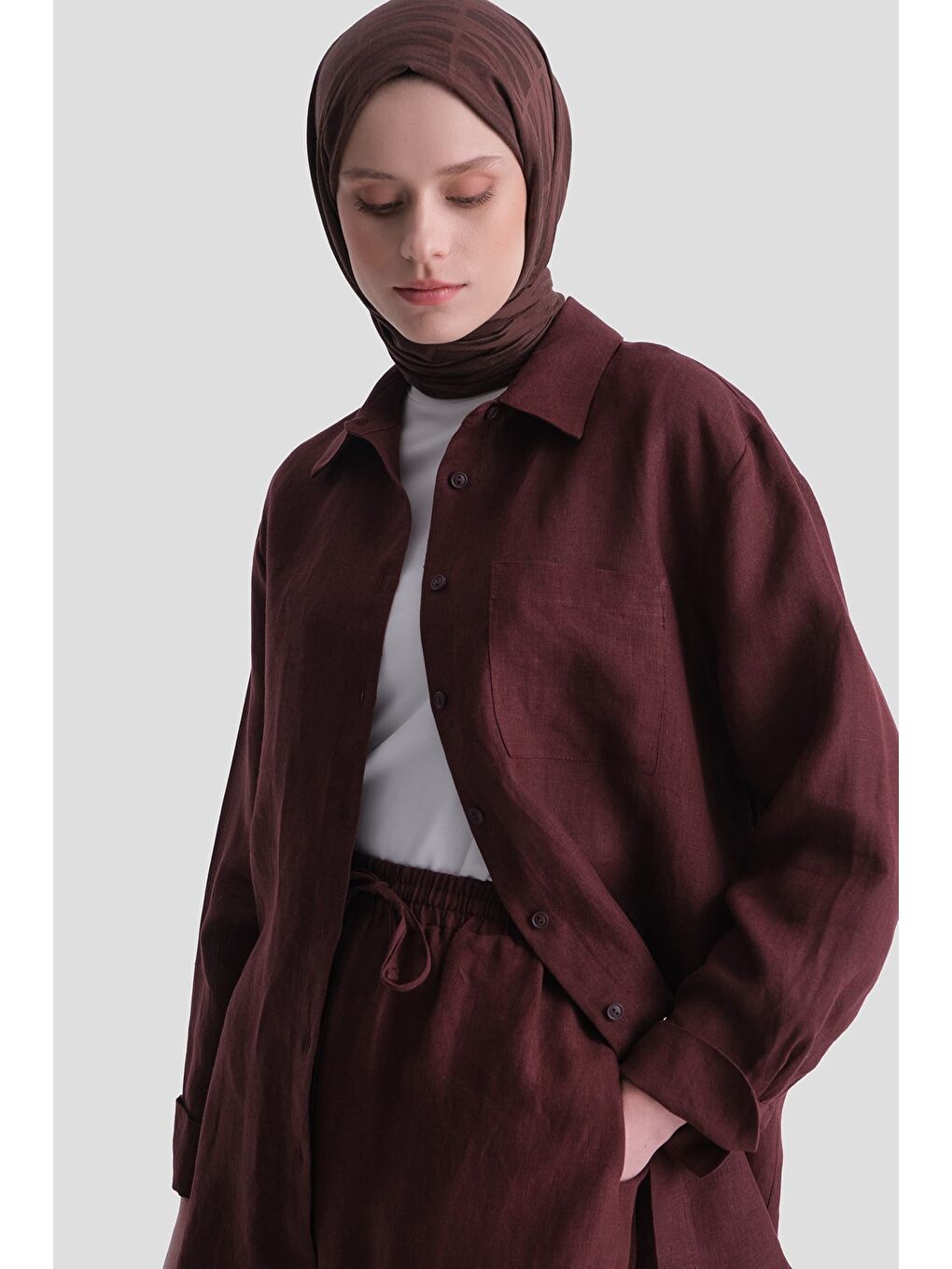 Keten Oversize Tunik Bordo-3