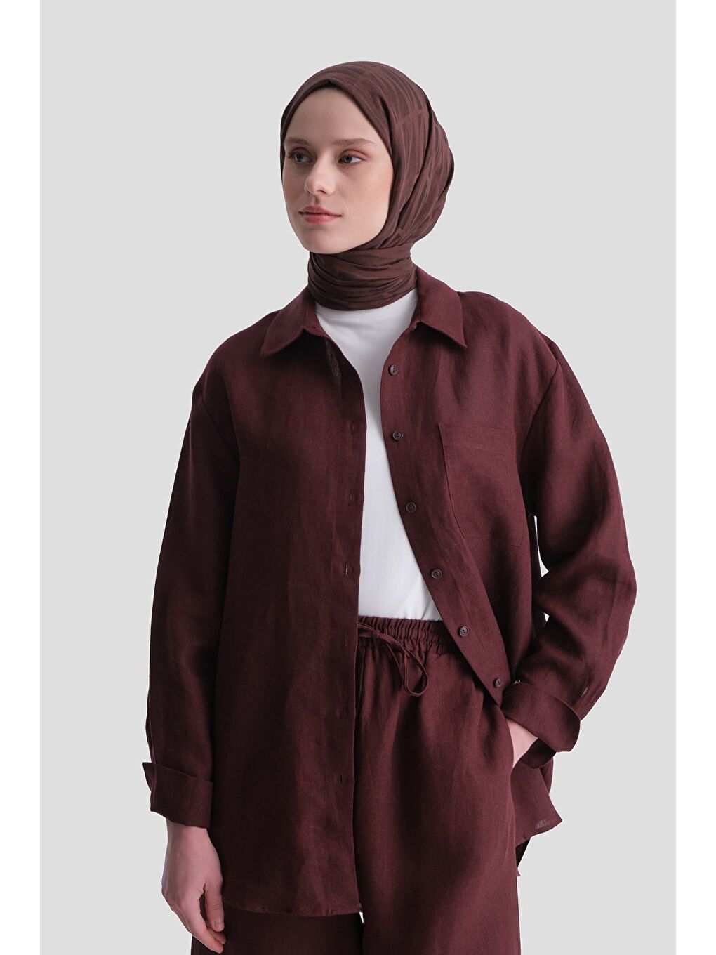 Keten Oversize Tunik Bordo-4
