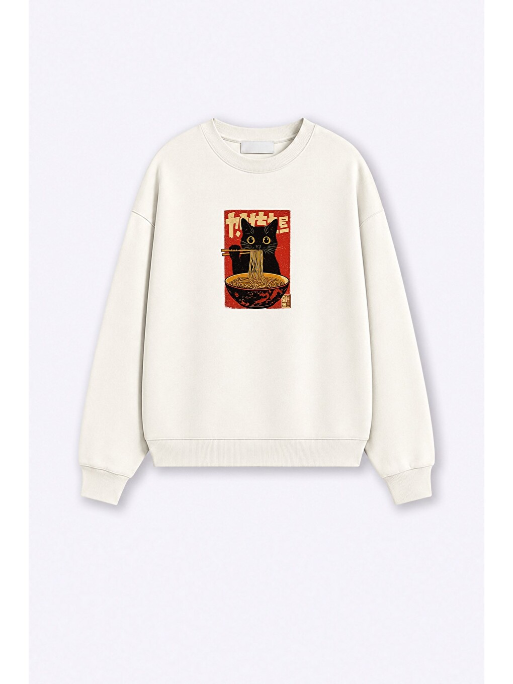 Ekru Kadın Premium Kumaş 3 İplik Şardonlu Noodle Baskılı Sweatshirt-1
