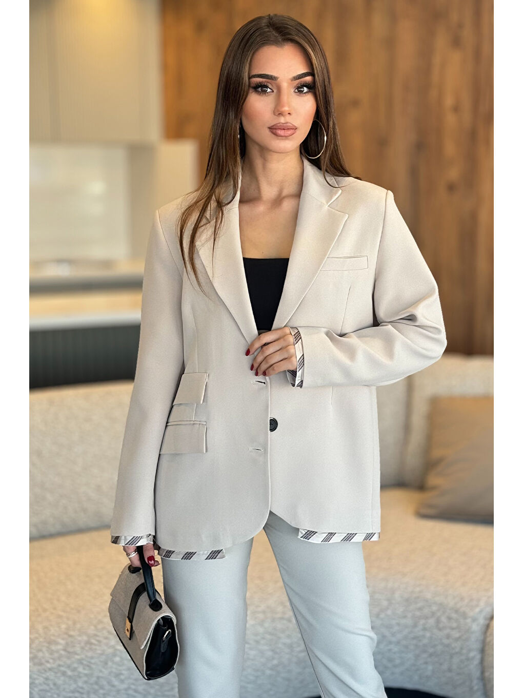 GÜLSELİ Taş Kadın Astarlı Oversize Blazer Ceket