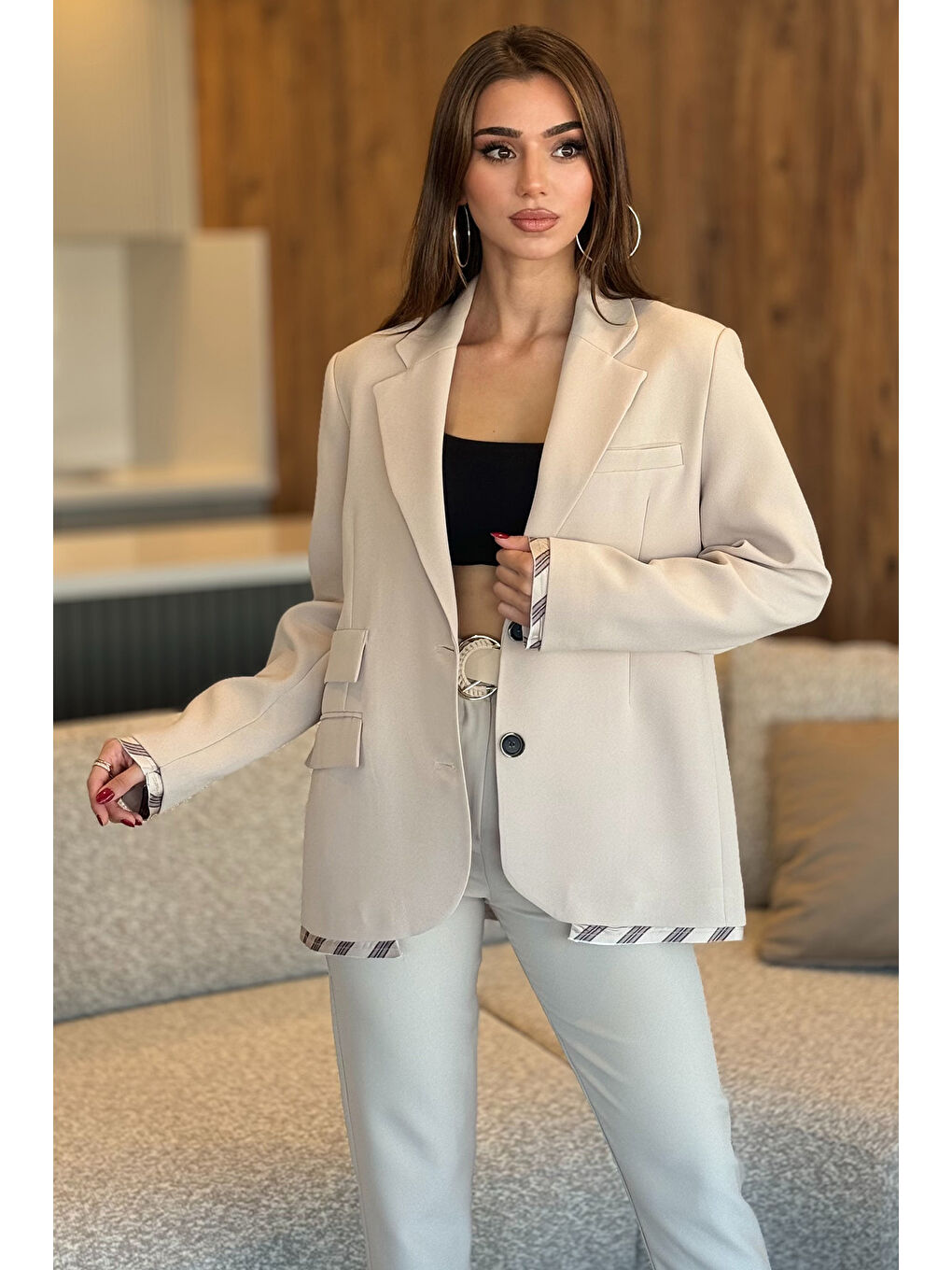 GÜLSELİ Taş Kadın Astarlı Oversize Blazer Ceket - 1