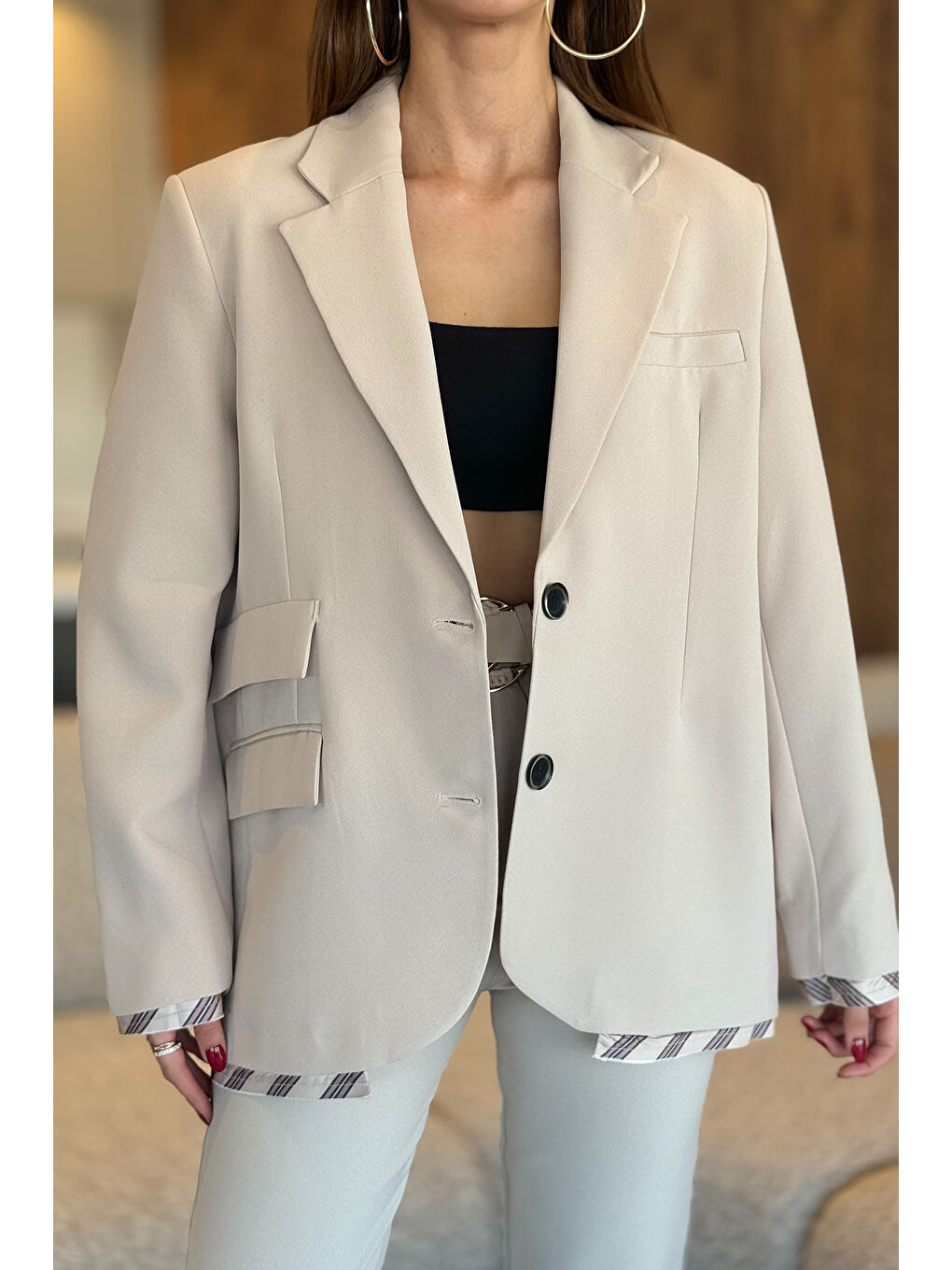 GÜLSELİ Taş Kadın Astarlı Oversize Blazer Ceket - 2