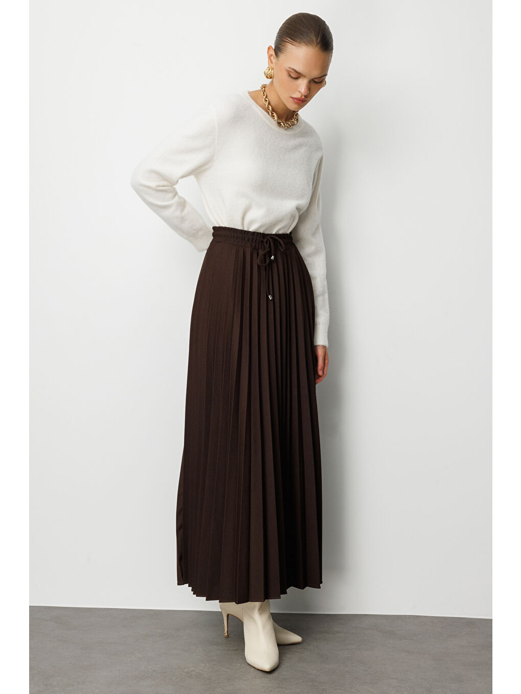 Örme Krep Piliseli Maksi Kahverengi Etek-3