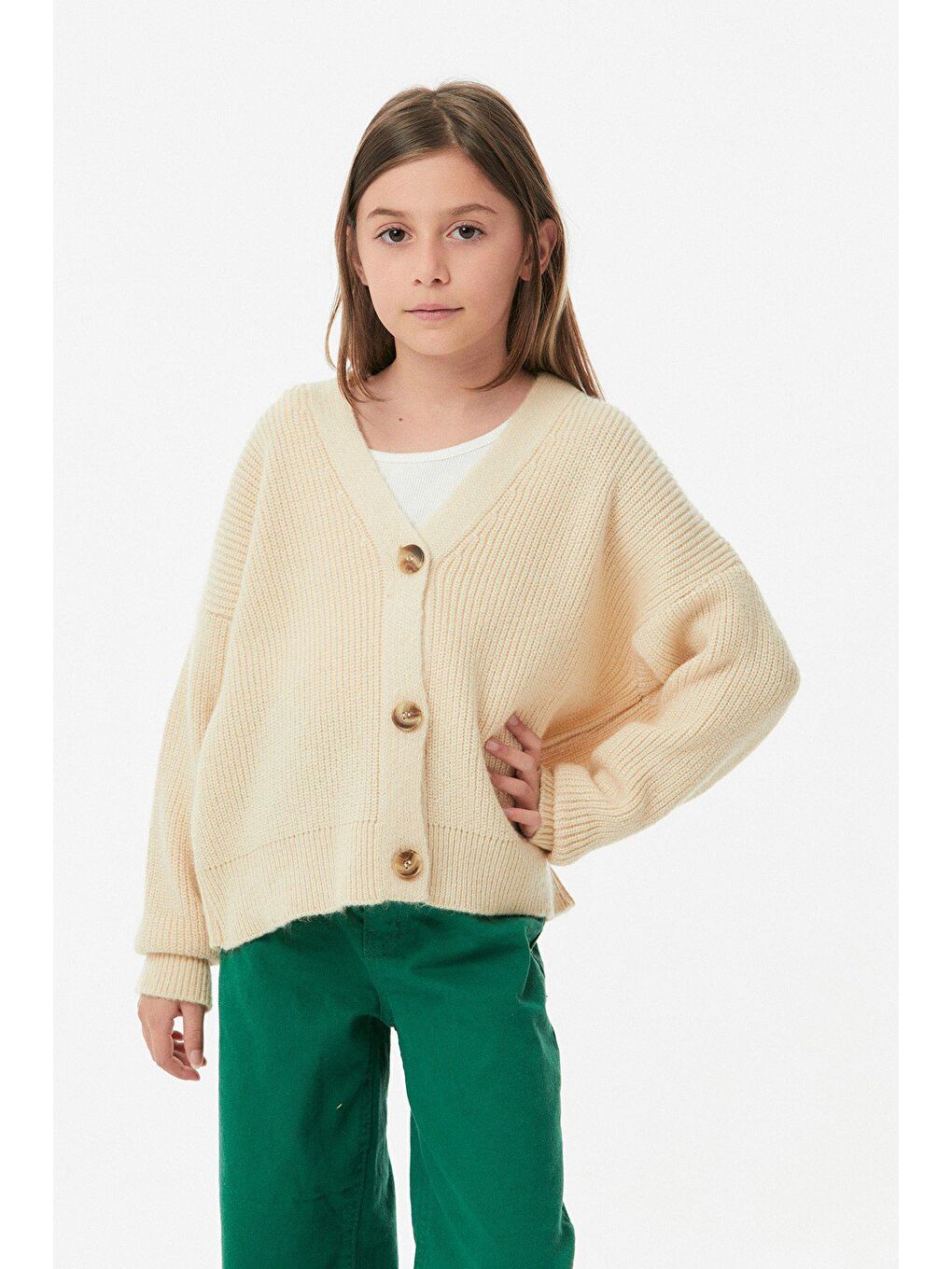 Bej V Yaka Kız Çocuk Triko Hırka-2