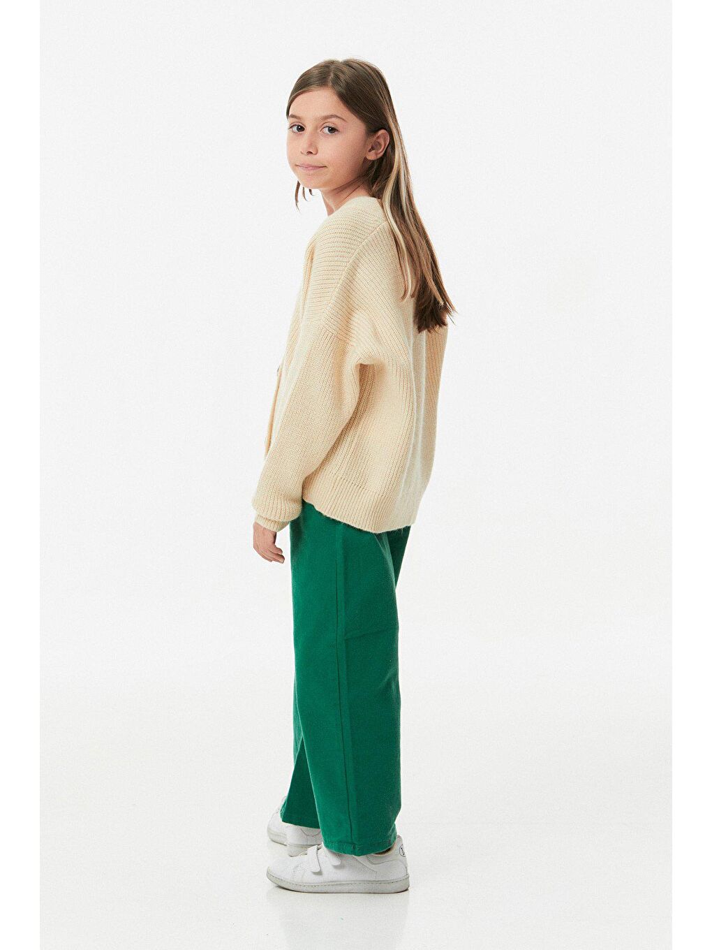 Bej V Yaka Kız Çocuk Triko Hırka-3