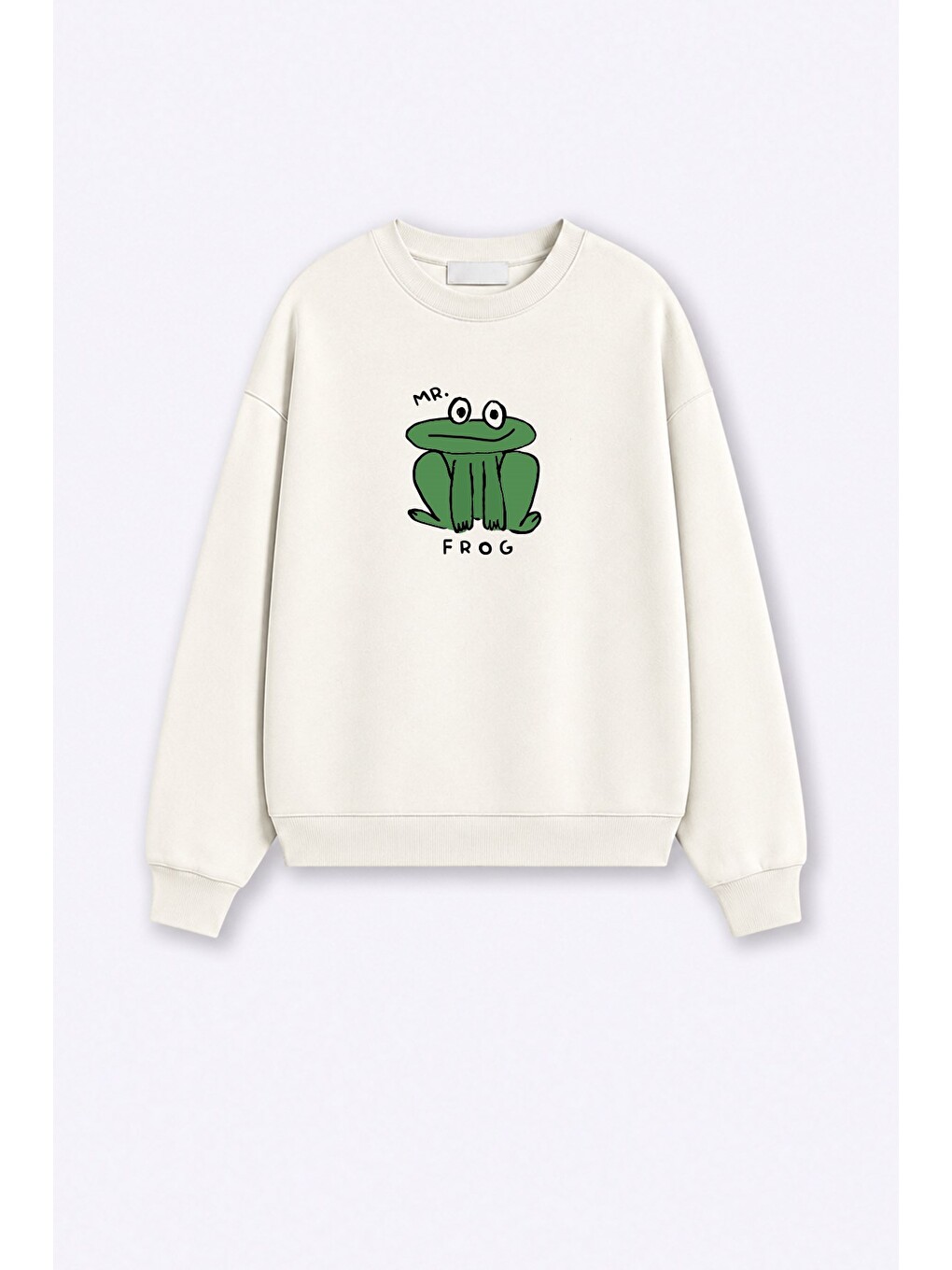 Ekru Kadın Premium Kumaş 3 İplik Şardonlu Kurbağa Baskılı Sweatshirt