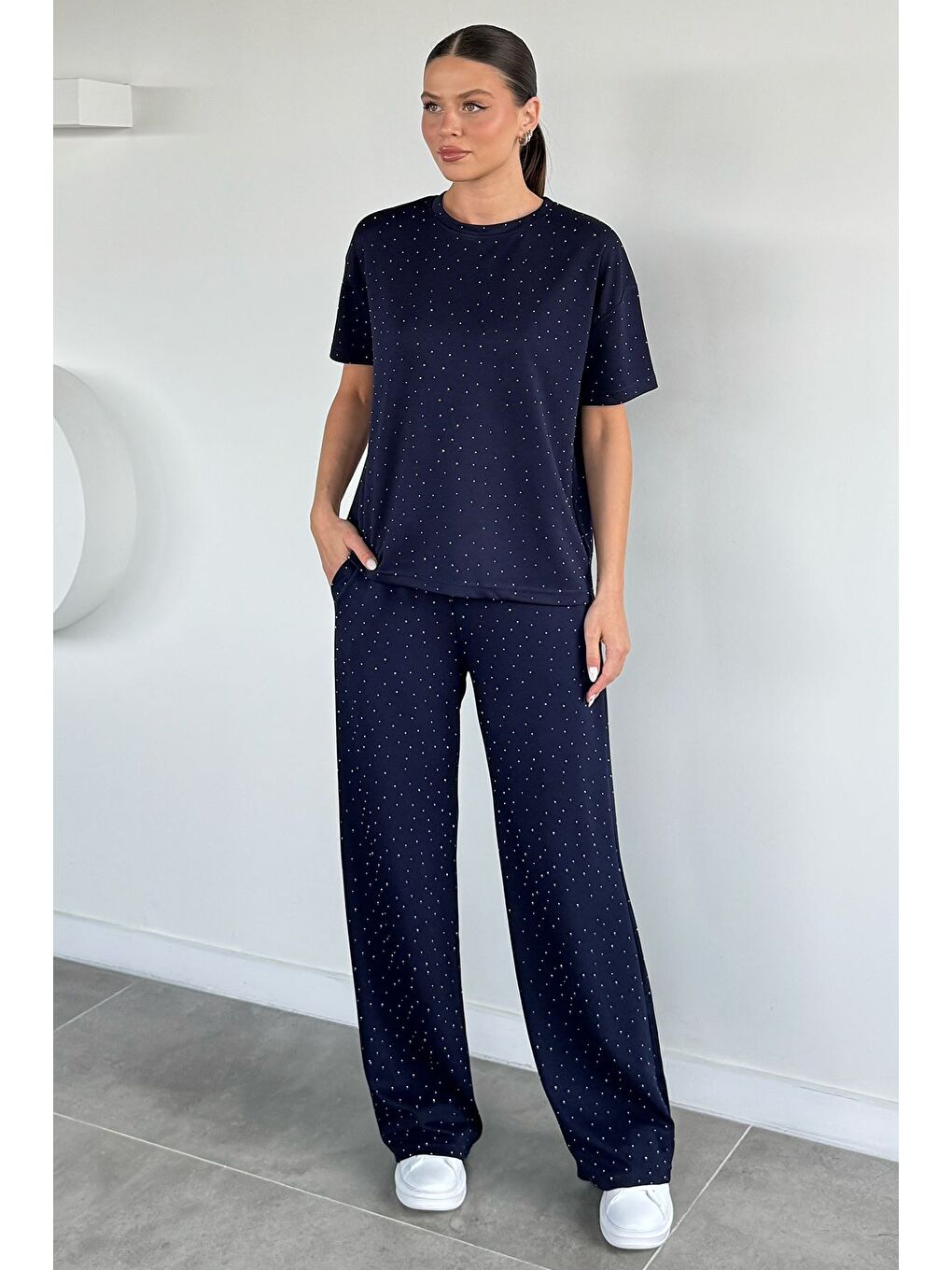 Lacivert Kadın Taş İşlemeli Bel Lastikli Pantolon Tişört İkili Takım