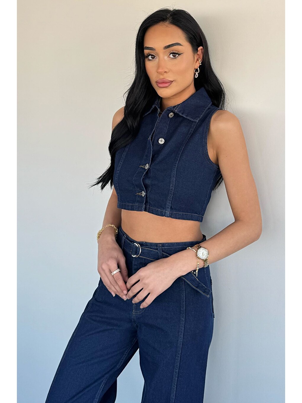 Lacivert Kadın Bel Kuşaklı Jean Jean Pantolon Yelek İkili Takım-2