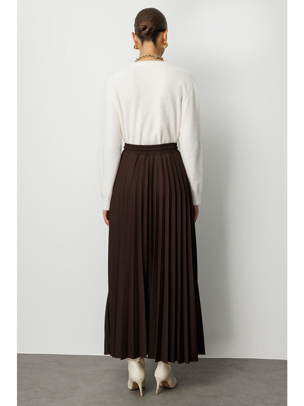 Örme Krep Piliseli Maksi Kahverengi Etek-4