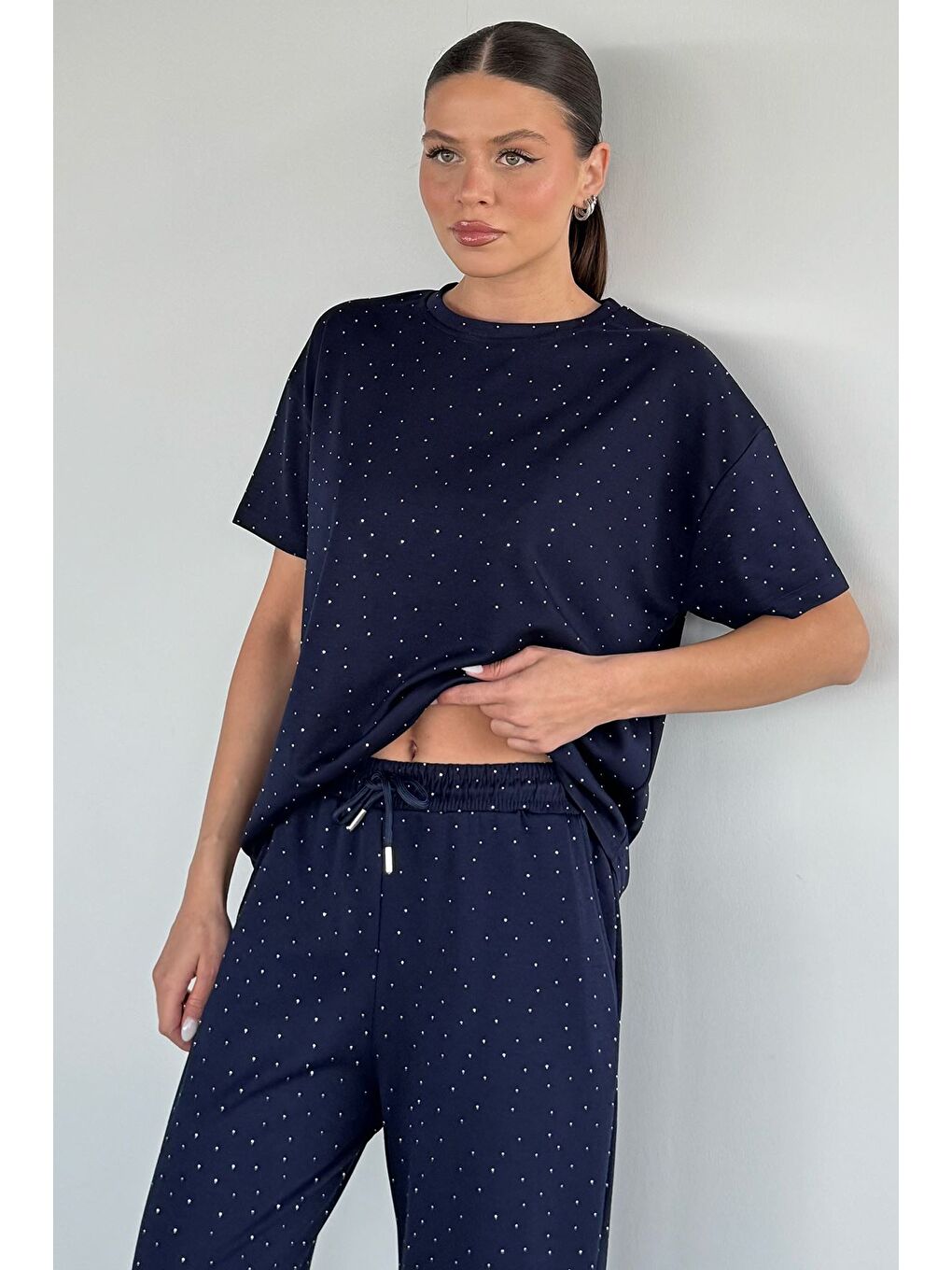 Lacivert Kadın Taş İşlemeli Bel Lastikli Pantolon Tişört İkili Takım-2