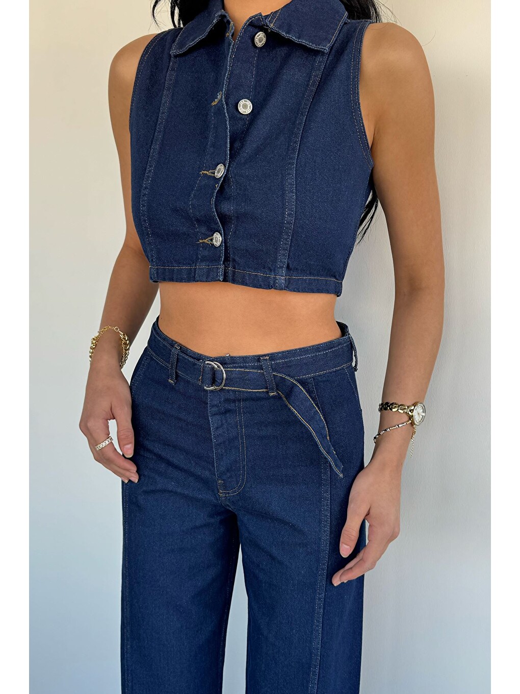 Lacivert Kadın Bel Kuşaklı Jean Jean Pantolon Yelek İkili Takım-3