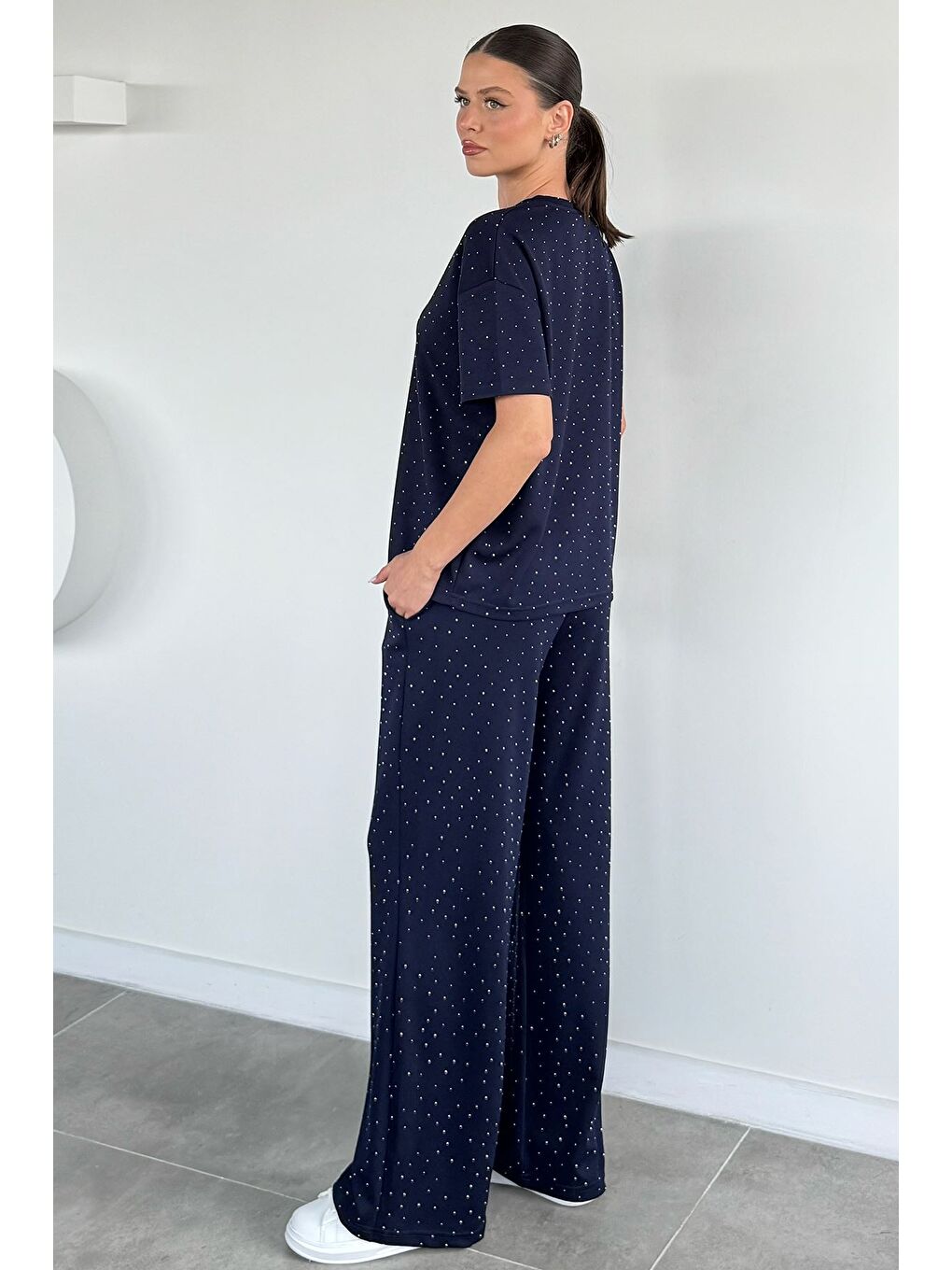 Lacivert Kadın Taş İşlemeli Bel Lastikli Pantolon Tişört İkili Takım-3