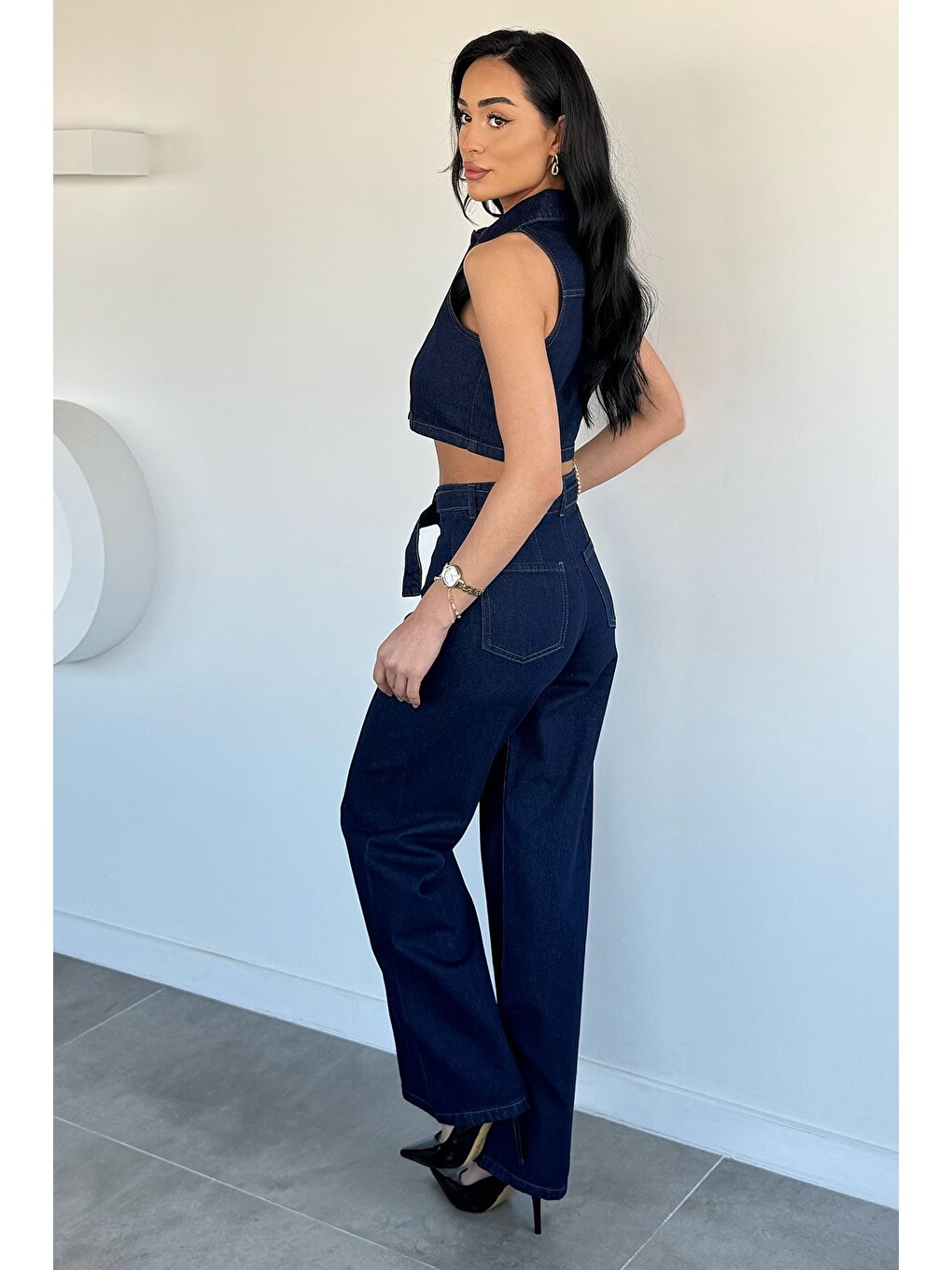 Lacivert Kadın Bel Kuşaklı Jean Jean Pantolon Yelek İkili Takım-4