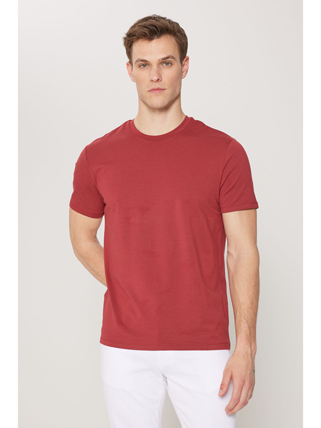 Erkek Bordo Standart Fit Normal Kesim Bisiklet Yaka Pamuklu Tişört