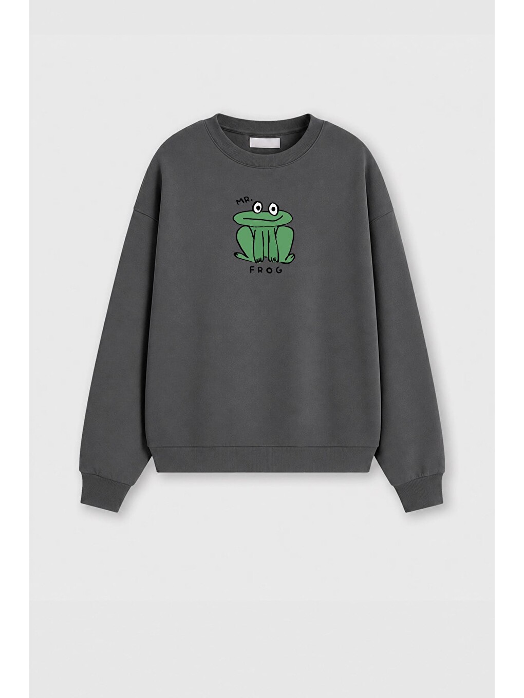 Antrasit Kadın Premium Kumaş 3 İplik Şardonlu Kurbağa Baskılı Sweatshirt-1