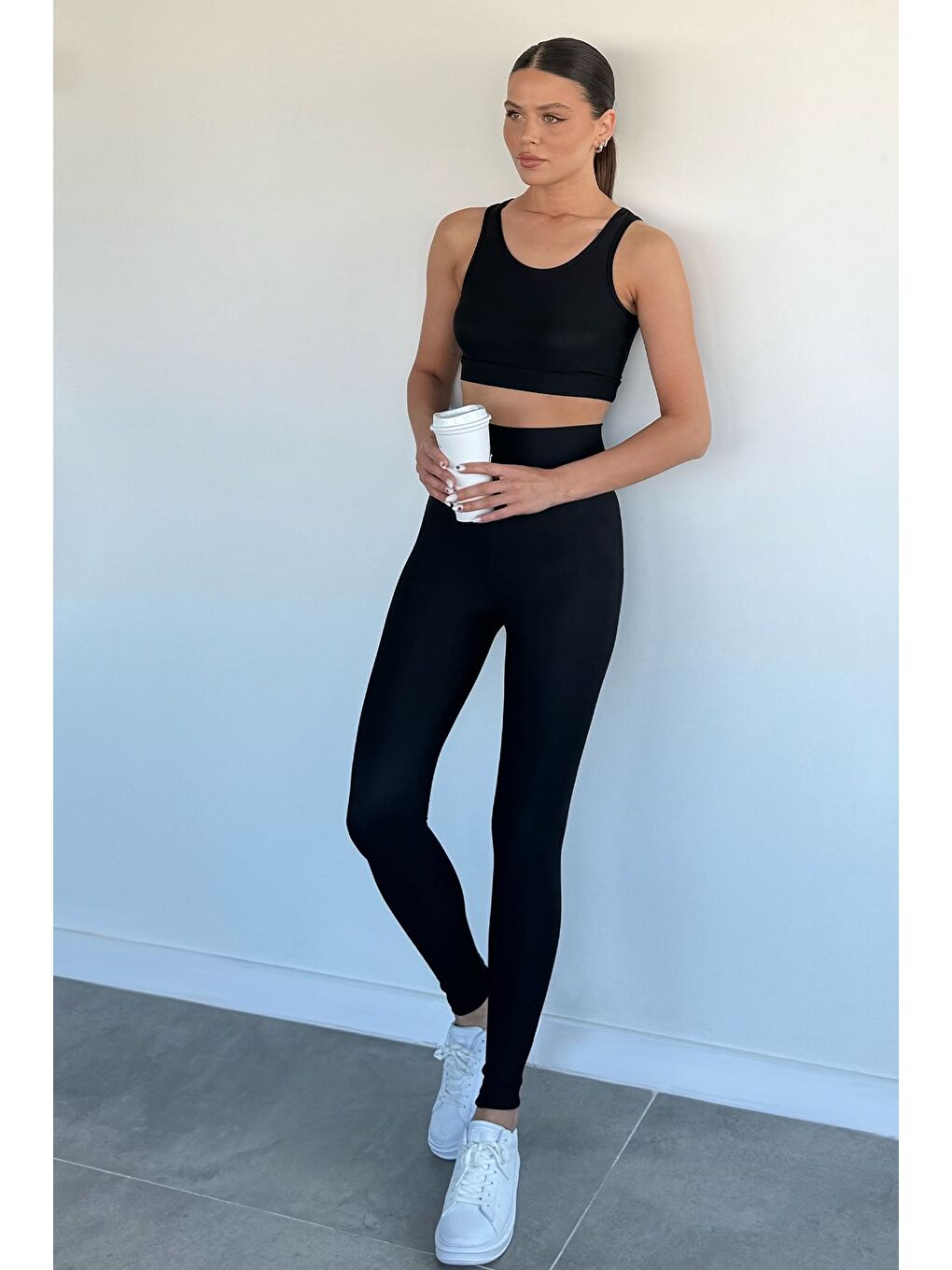 Siyah Kadın Dalgıç Kumaş Sporcu Tayt Crop İkili Takım